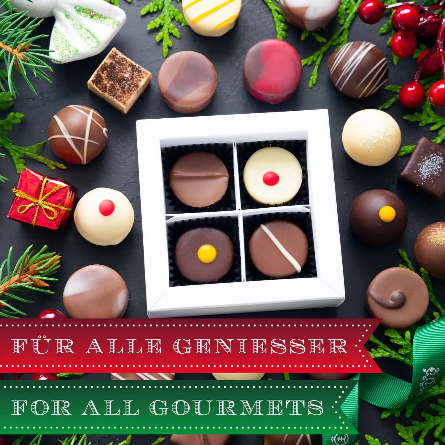 HANDWERK STATT MASSENWARE - Edition \Frohe Weihnachten\: Vergiss billig produzierte Standard-Pralinen mit schöner Verpackung - entscheidend ist nicht nur der erste Eindruck, sondern der Geschmack, der noch lange in Erinnerung bleibt