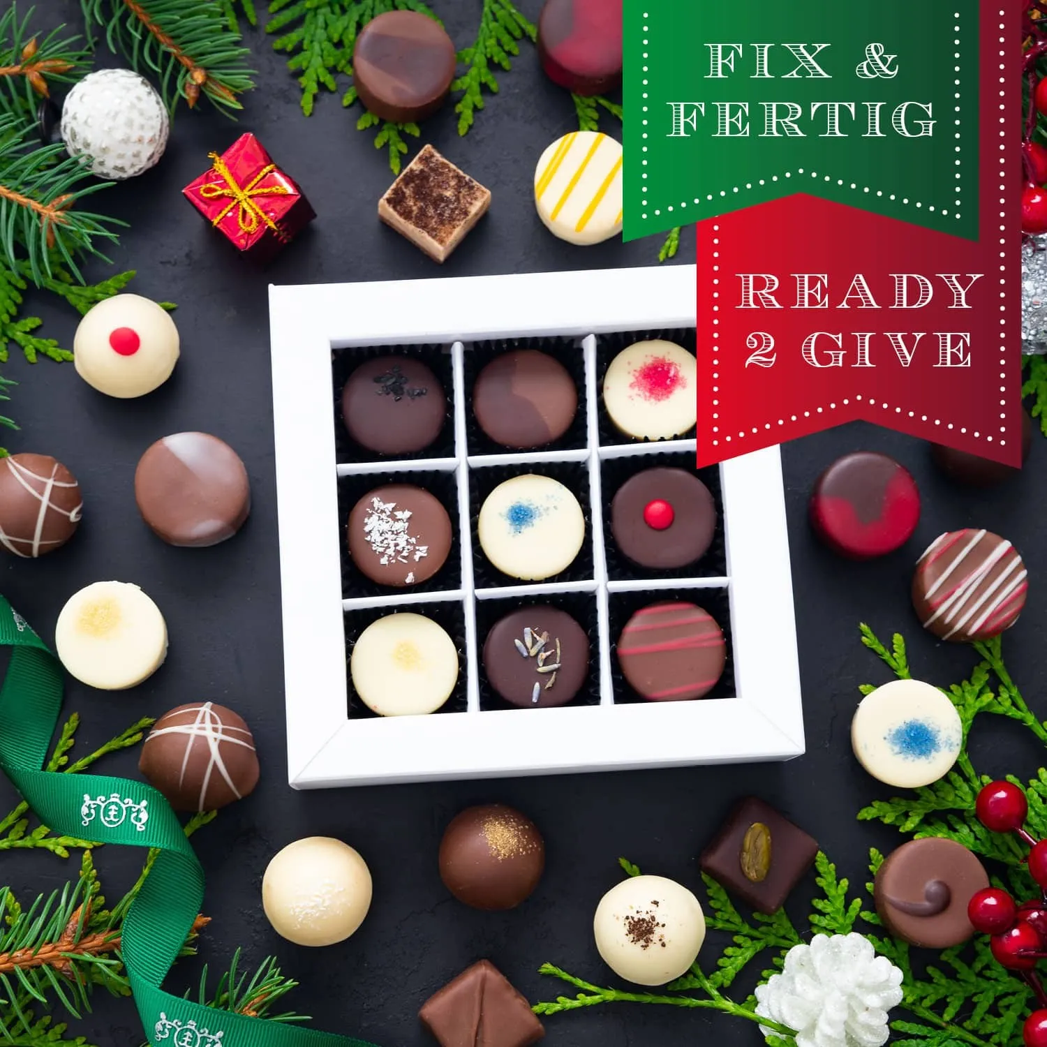HANDWERK STATT MASSENWARE - Edition \Frohe Weihnachten\: Vergiss billig produzierte Standard-Pralinen mit schöner Verpackung - entscheidend ist nicht nur der erste Eindruck, sondern der Geschmack, der noch lange in Erinnerung bleibt