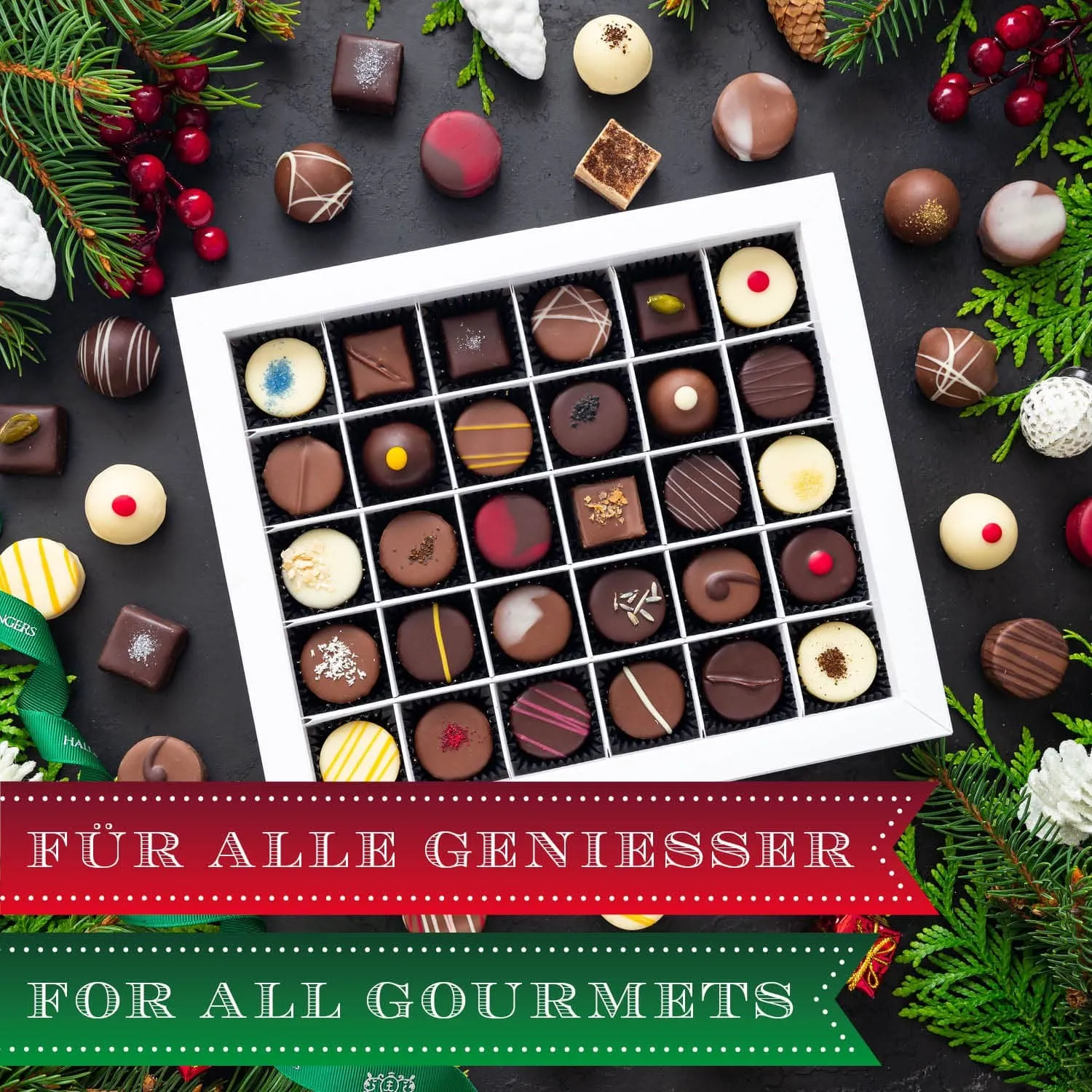 HANDWERK STATT MASSENWARE - Edition \Frohe Weihnachten\: Vergiss billig produzierte Standard-Pralinen mit schöner Verpackung - entscheidend ist nicht nur der erste Eindruck, sondern der Geschmack, der noch lange in Erinnerung bleibt