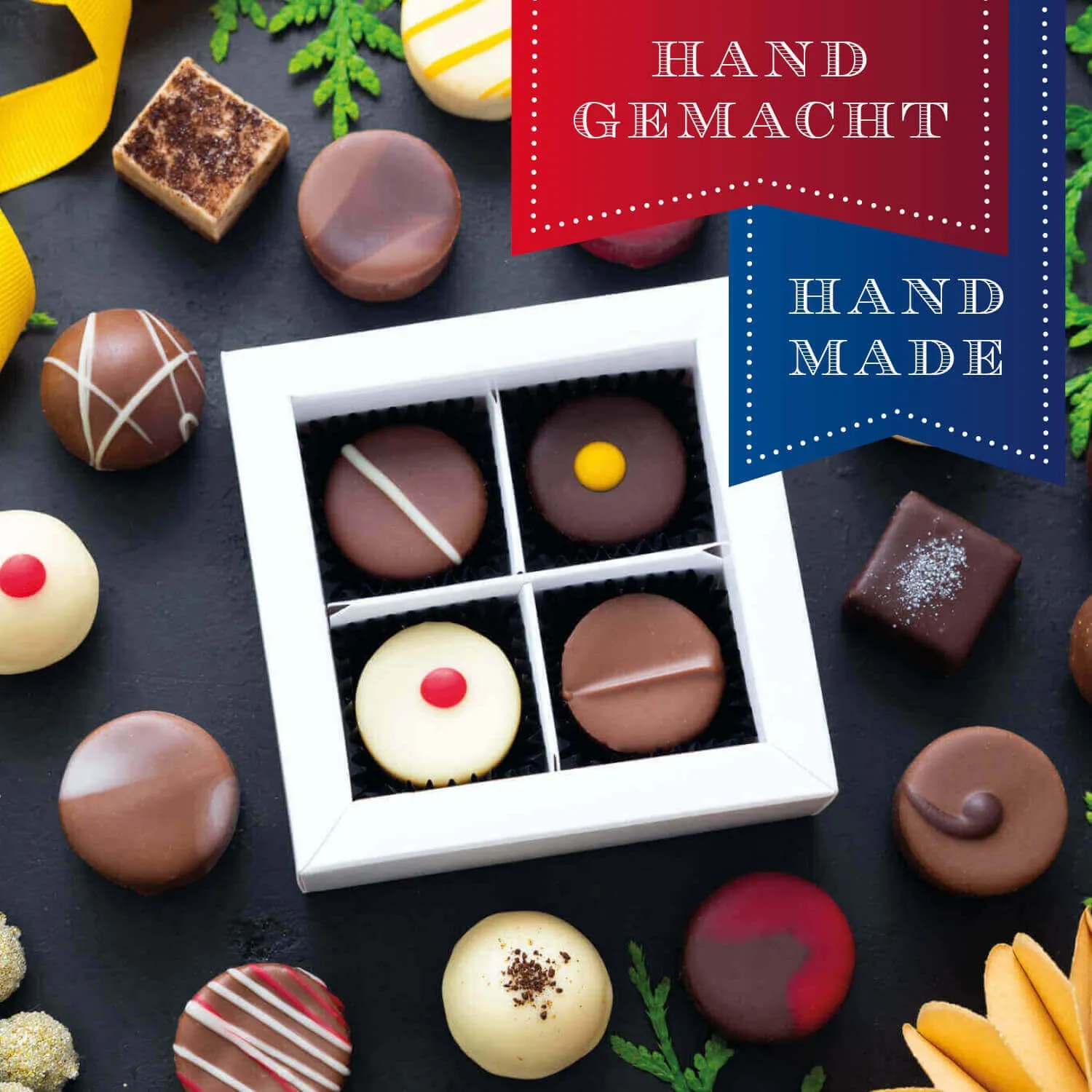 HANDWERK STATT MASSENWARE - Edition \Vielen Dank Blau\: Vergiss billig produzierte Standard-Pralinen mit schöner Verpackung - entscheidend ist nicht nur der erste Eindruck, sondern der Geschmack, der noch lange in Erinnerung bleibt