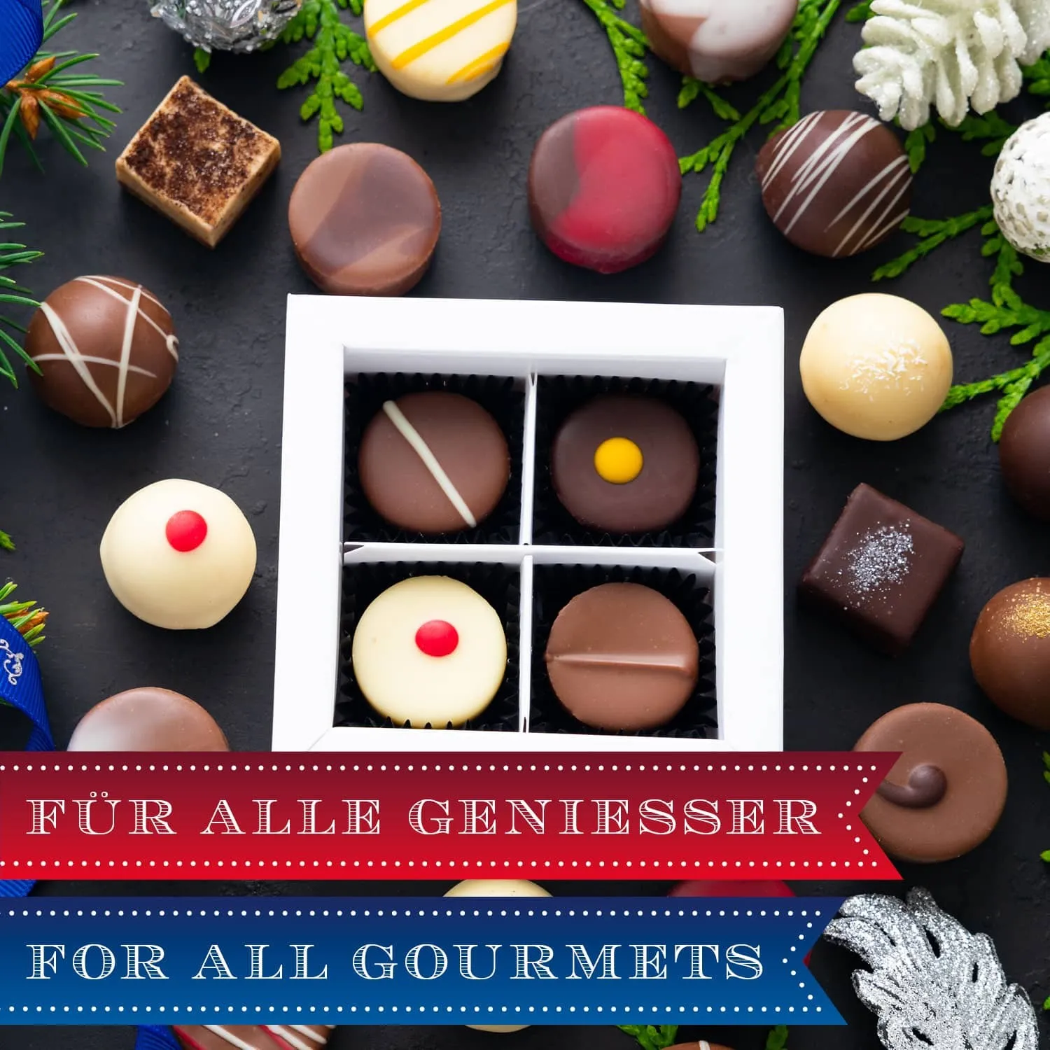 HANDWERK STATT MASSENWARE - Edition \Frohes Fest Blau\: Vergiss billig produzierte Standard-Pralinen mit schöner Verpackung - entscheidend ist nicht nur der erste Eindruck, sondern der Geschmack, der noch lange in Erinnerung bleibt