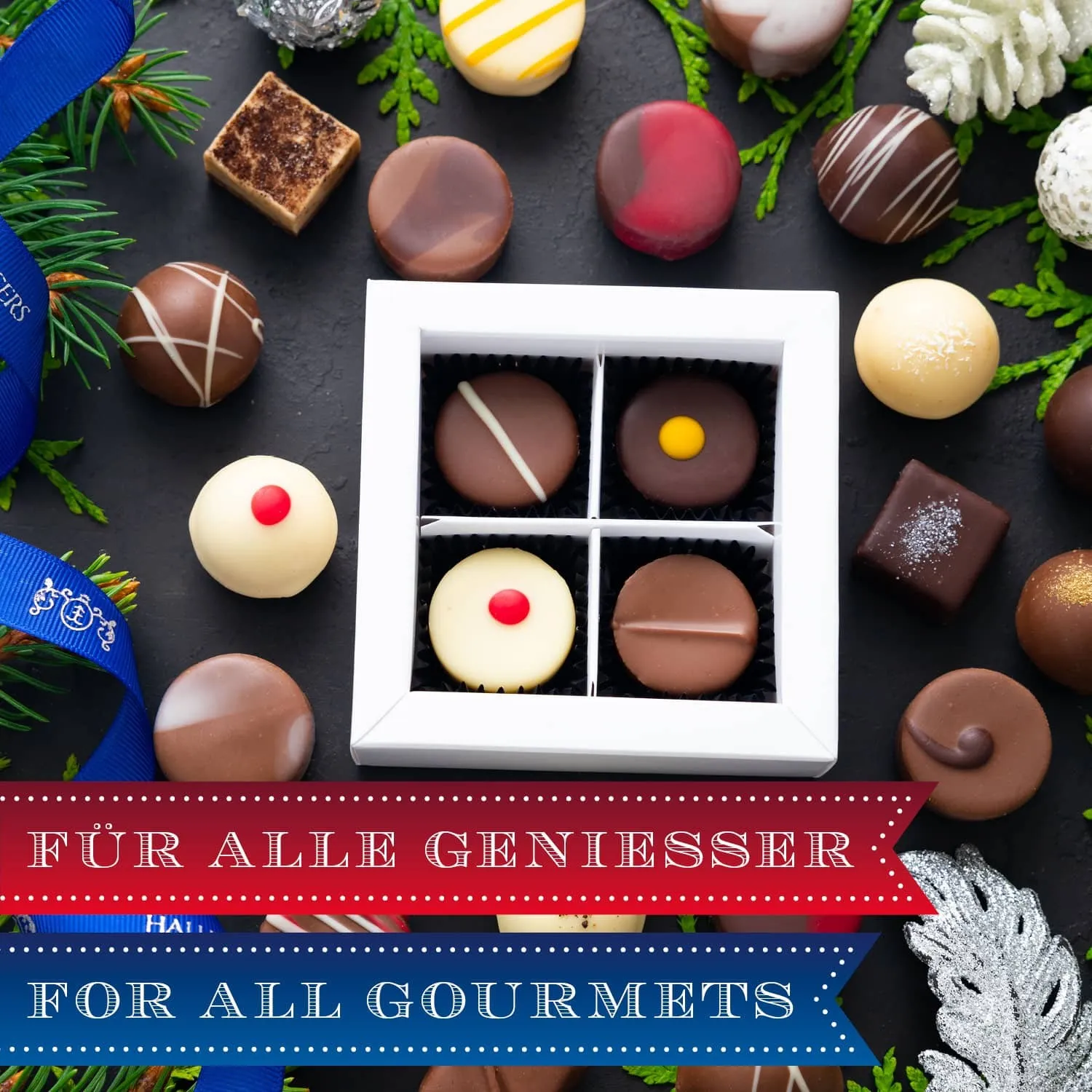 HANDWERK STATT MASSENWARE - Edition \Frohe Weihnachten LL\: Vergiss billig produzierte Standard-Pralinen mit schöner Verpackung - entscheidend ist nicht nur der erste Eindruck, sondern der Geschmack, der noch lange in Erinnerung bleibt