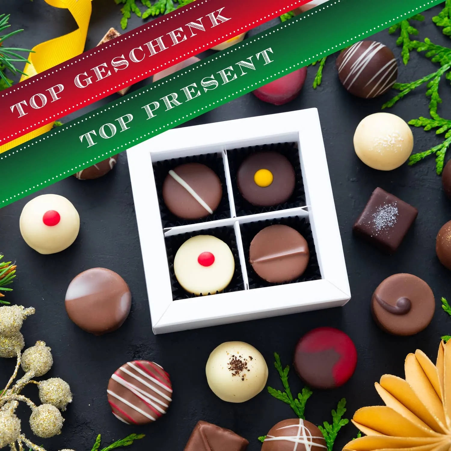 HANDWERK STATT MASSENWARE - Edition \Merry Christmas Goldene Elche\: Vergiss billig produzierte Standard-Pralinen mit schöner Verpackung - entscheidend ist nicht nur der erste Eindruck, sondern der Geschmack, der noch lange in Erinnerung bleibt