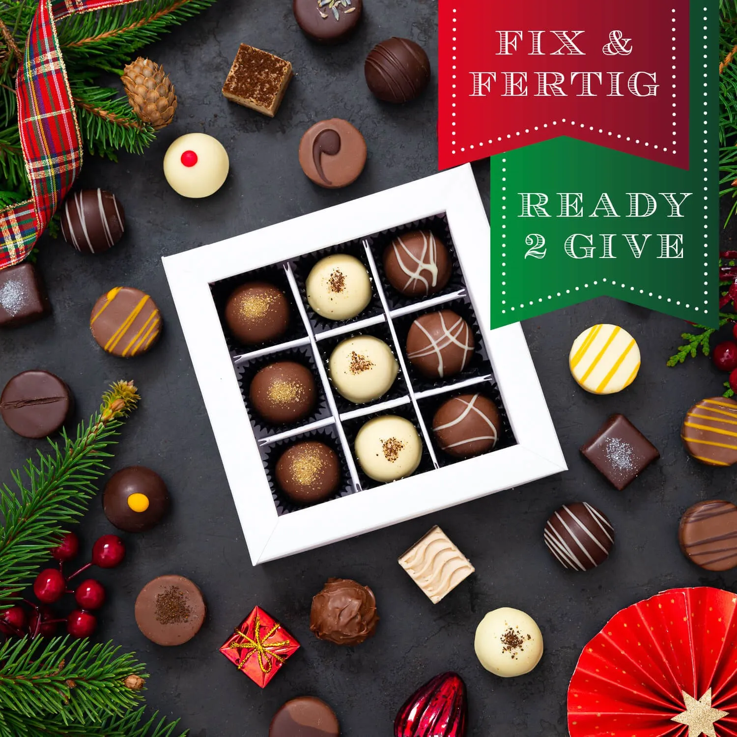HANDWERK STATT MASSENWARE - Edition \Merry Christmas Rot\: Vergiss billig produzierte Standard-Pralinen mit schöner Verpackung - entscheidend ist nicht nur der erste Eindruck, sondern der Geschmack, der noch lange in Erinnerung bleibt