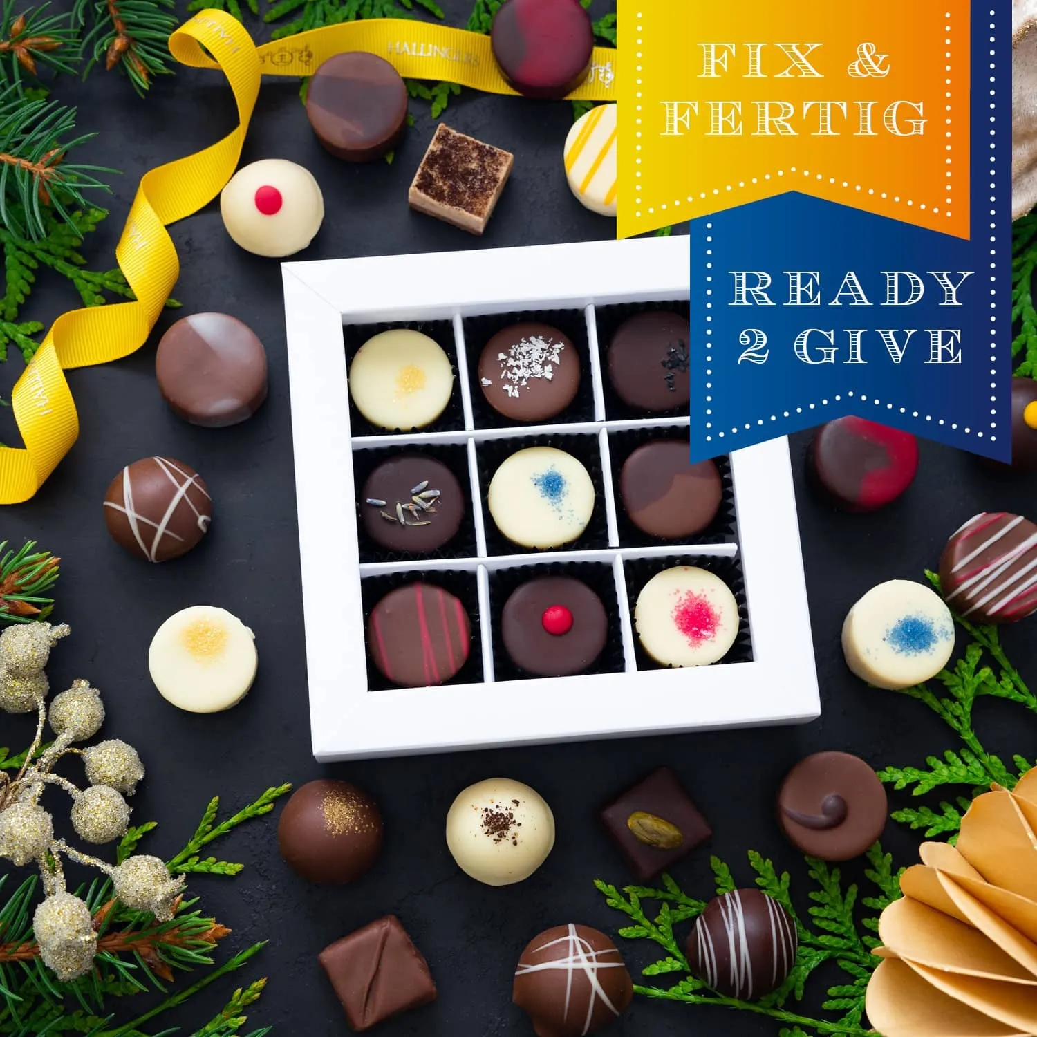 HANDWERK STATT MASSENWARE - Edition \Merry Christmas Goldene Elche\: Vergiss billig produzierte Standard-Pralinen mit schöner Verpackung - entscheidend ist nicht nur der erste Eindruck, sondern der Geschmack, der noch lange in Erinnerung bleibt