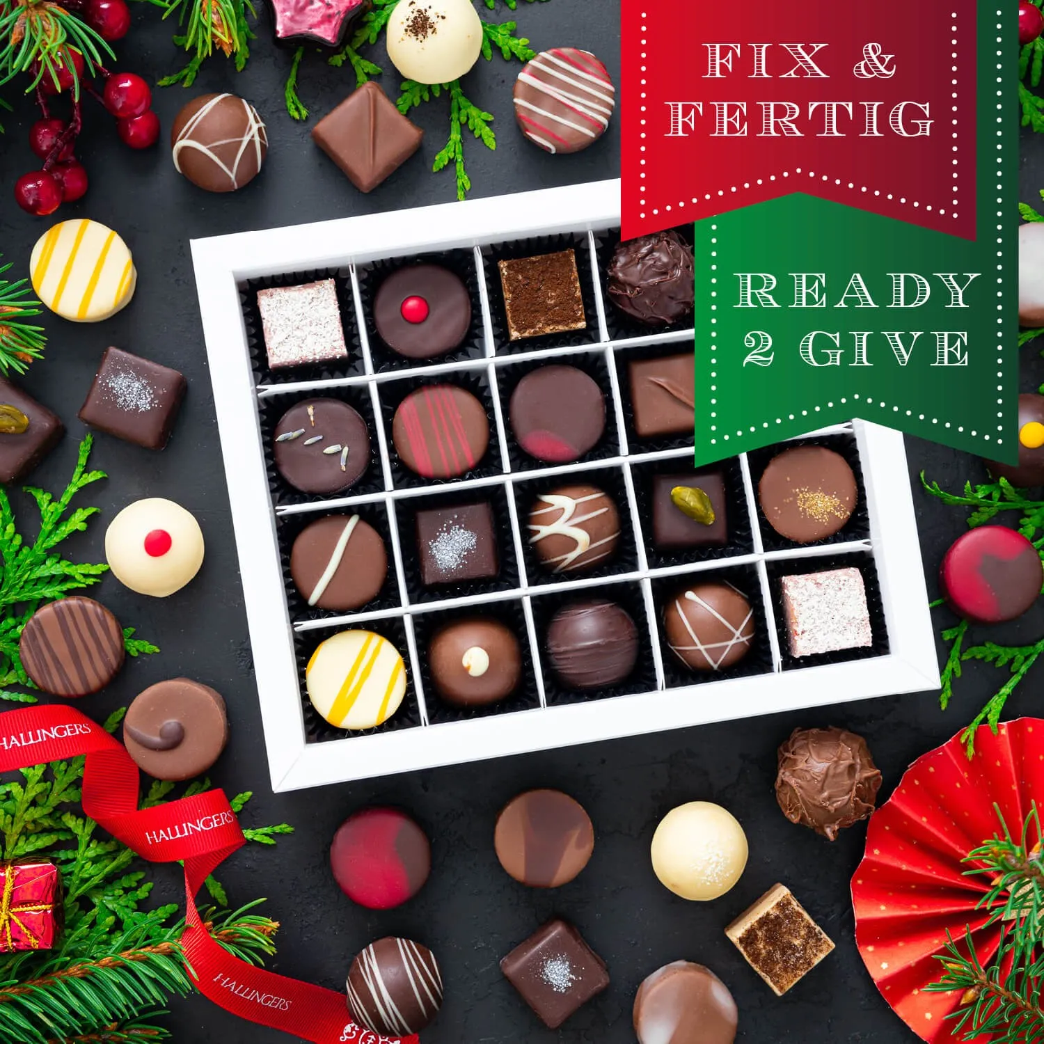 HANDWERK STATT MASSENWARE - Edition \Merry Christmas Rot\: Vergiss billig produzierte Standard-Pralinen mit schöner Verpackung - entscheidend ist nicht nur der erste Eindruck, sondern der Geschmack, der noch lange in Erinnerung bleibt