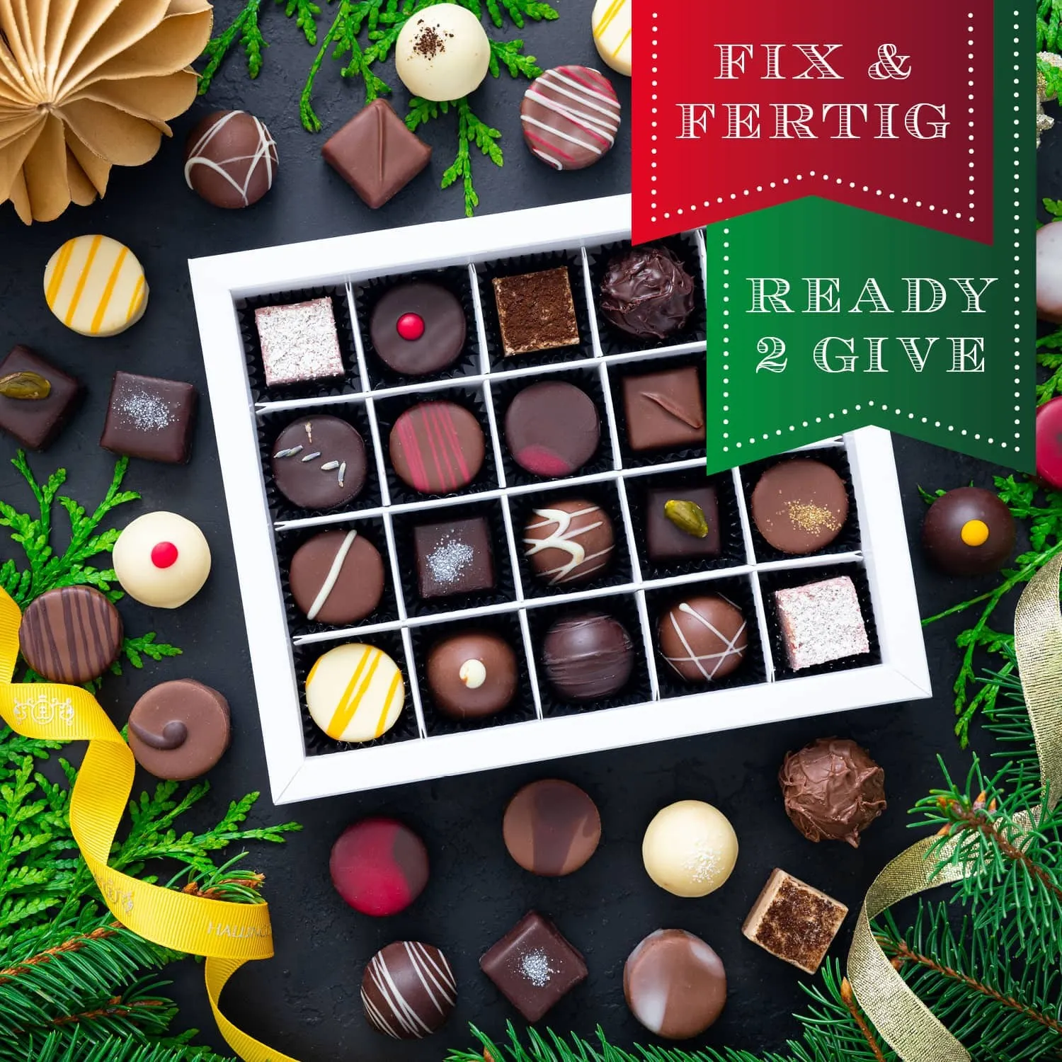 HANDWERK STATT MASSENWARE - Edition \Merry Christmas Goldene Elche\: Vergiss billig produzierte Standard-Pralinen mit schöner Verpackung - entscheidend ist nicht nur der erste Eindruck, sondern der Geschmack, der noch lange in Erinnerung bleibt