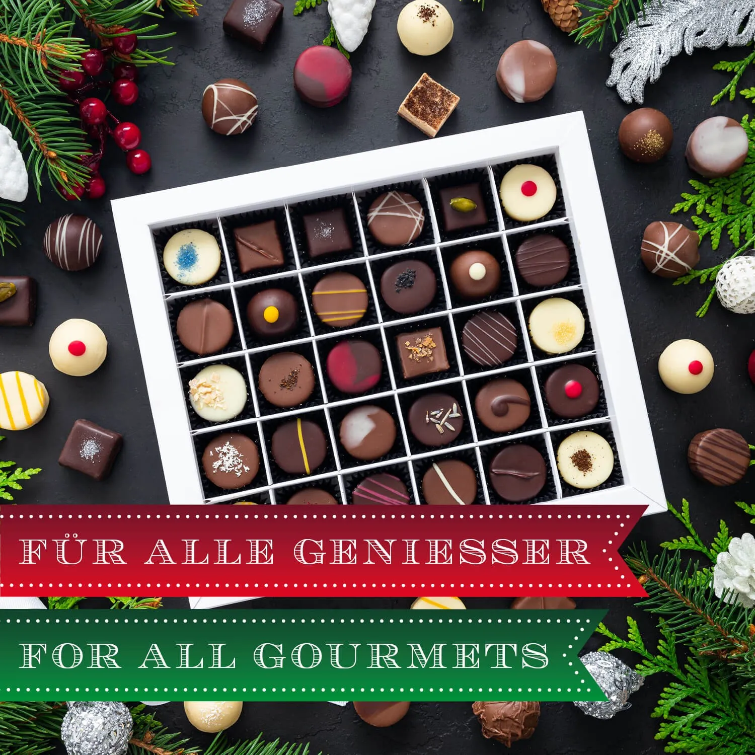 HANDWERK STATT MASSENWARE - Edition \Frohes Fest Weiß\: Vergiss billig produzierte Standard-Pralinen mit schöner Verpackung - entscheidend ist nicht nur der erste Eindruck, sondern der Geschmack, der noch lange in Erinnerung bleibt