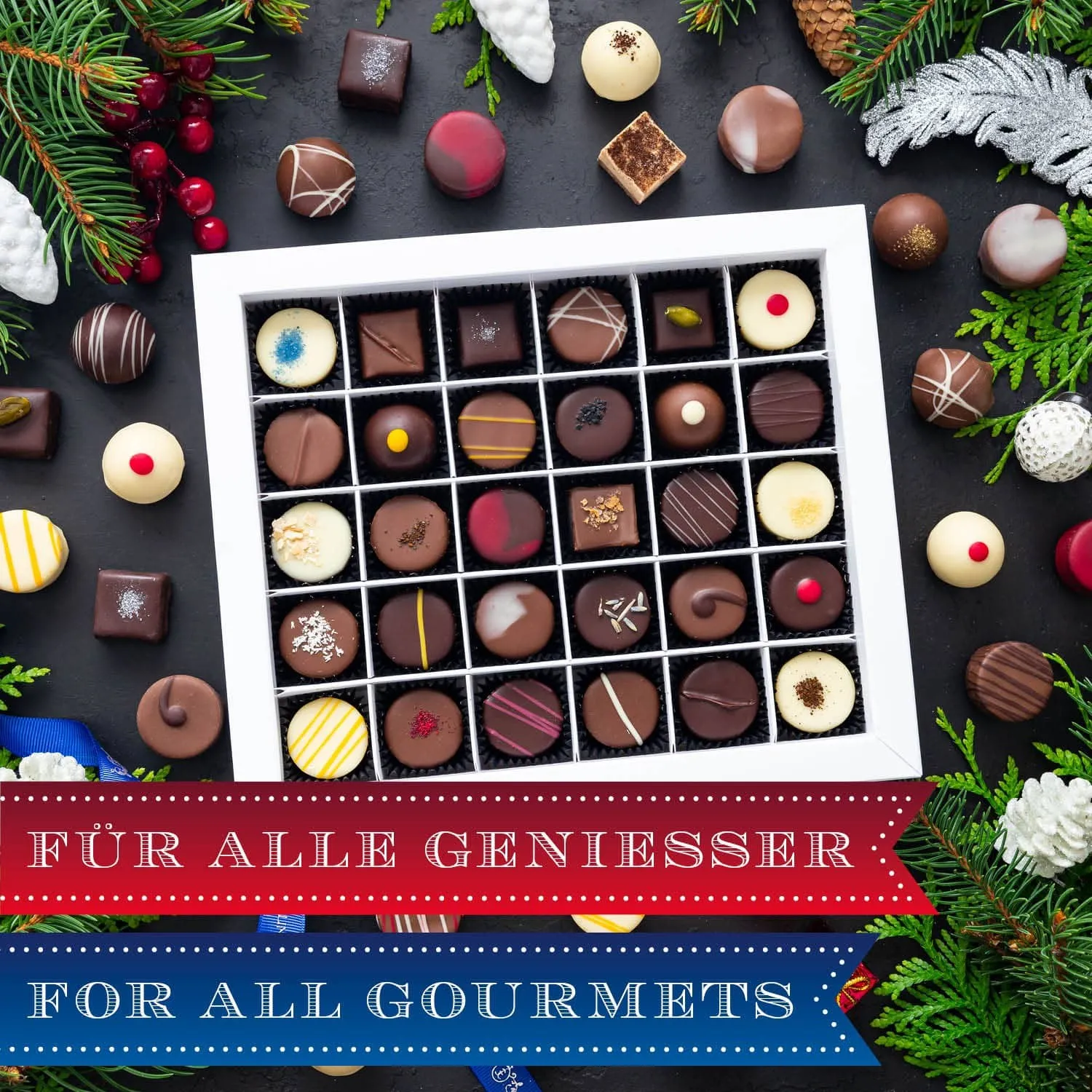 HANDWERK STATT MASSENWARE - Edition \Frohes Fest Blau\: Vergiss billig produzierte Standard-Pralinen mit schöner Verpackung - entscheidend ist nicht nur der erste Eindruck, sondern der Geschmack, der noch lange in Erinnerung bleibt