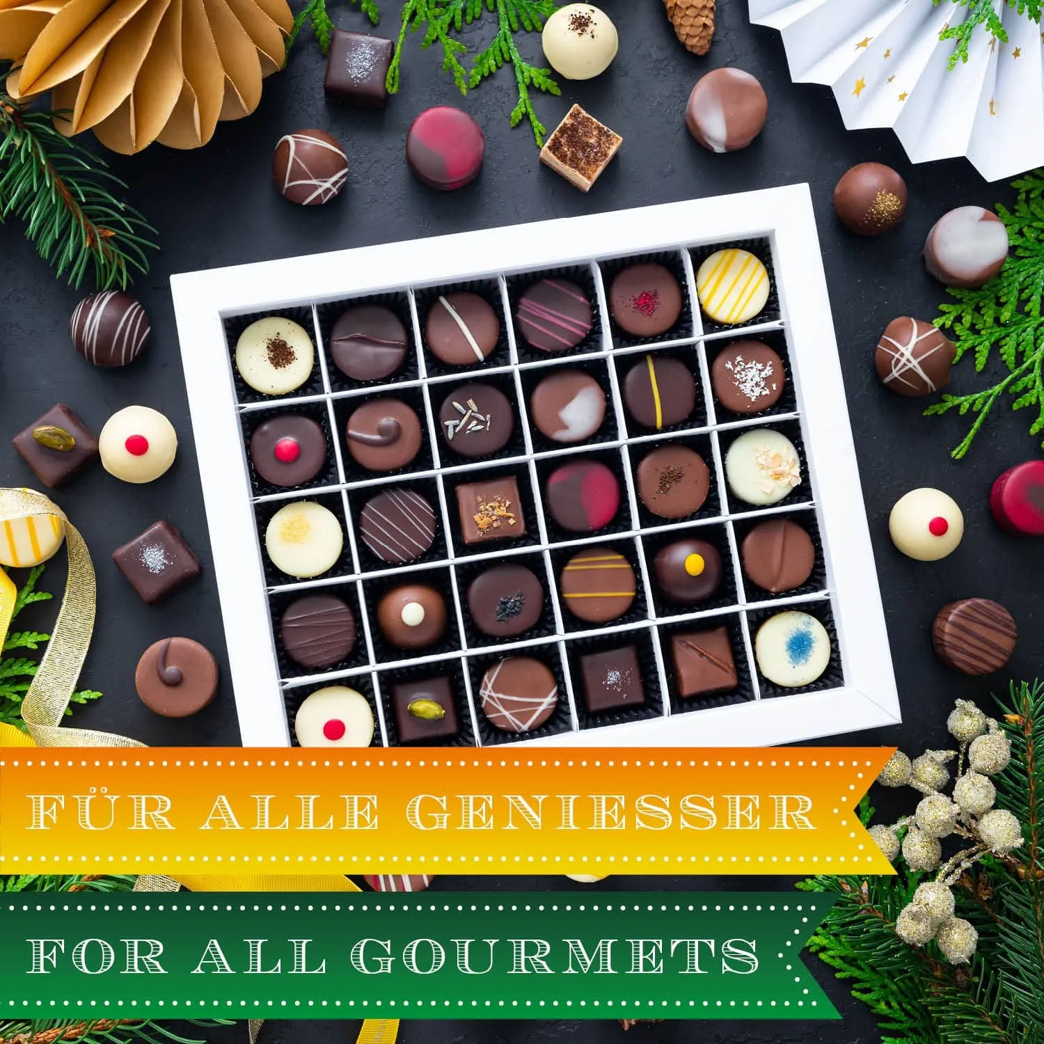 HANDWERK STATT MASSENWARE - Edition \Merry Christmas Goldene Elche\: Vergiss billig produzierte Standard-Pralinen mit schöner Verpackung - entscheidend ist nicht nur der erste Eindruck, sondern der Geschmack, der noch lange in Erinnerung bleibt
