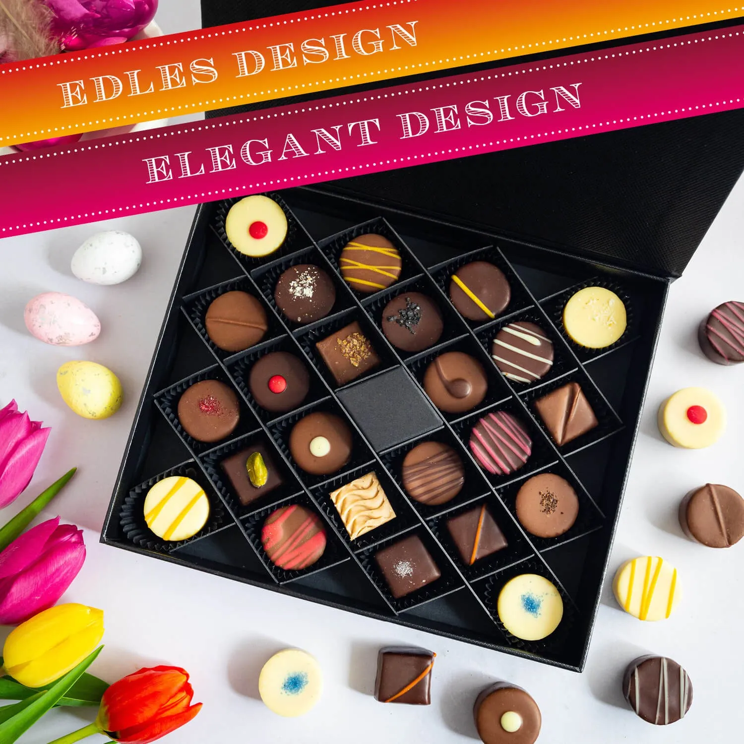 HANDWERK STATT MASSENWARE - Edition \Frohe Ostern Pink\: Vergiss billig produzierte Standard-Pralinen mit schöner Verpackung - entscheidend ist nicht nur der erste Eindruck, sondern der Geschmack, der noch lange in Erinnerung bleibt
