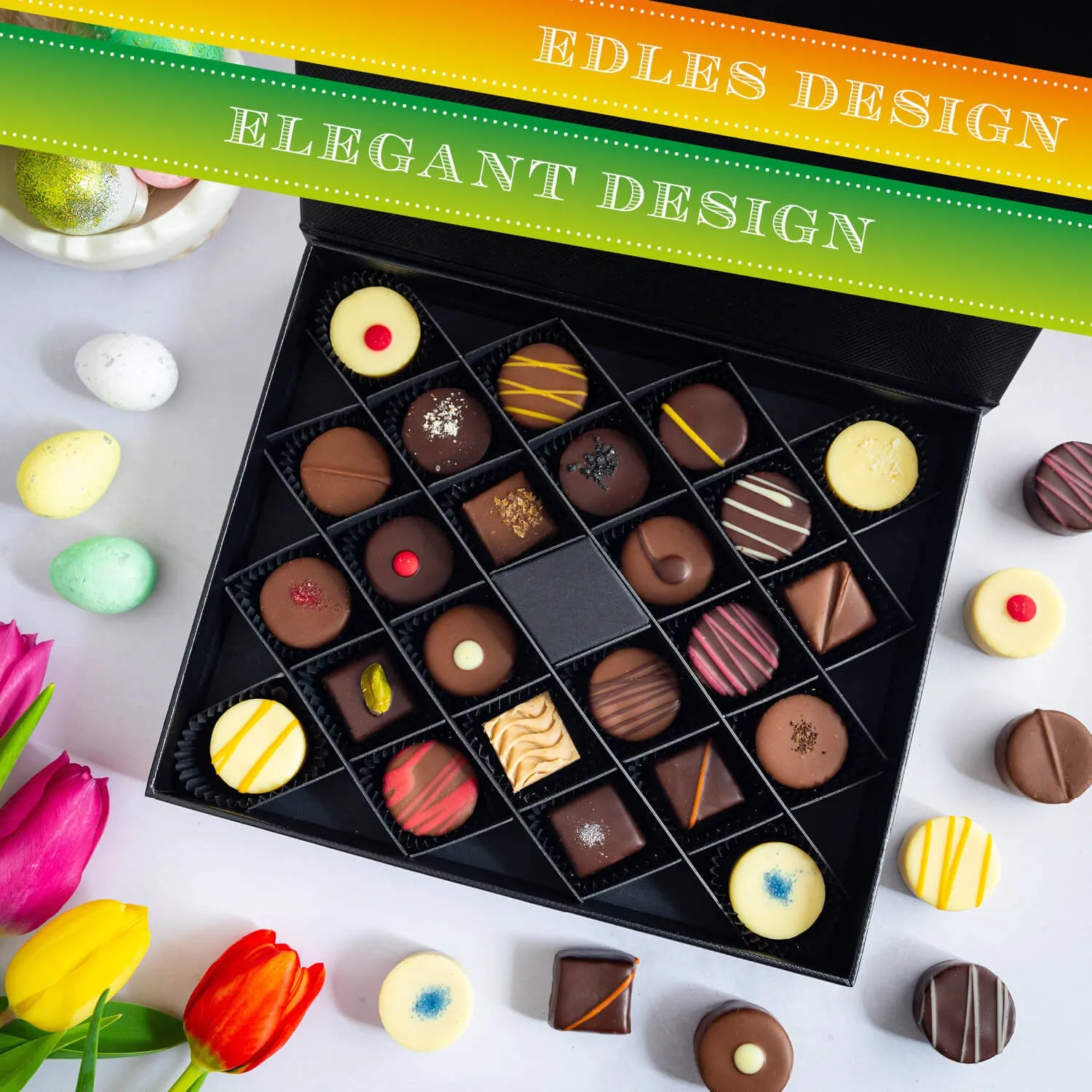 HANDWERK STATT MASSENWARE - Edition \Frohe Ostern Green\: Vergiss billig produzierte Standard-Pralinen mit schöner Verpackung - entscheidend ist nicht nur der erste Eindruck, sondern der Geschmack, der noch lange in Erinnerung bleibt