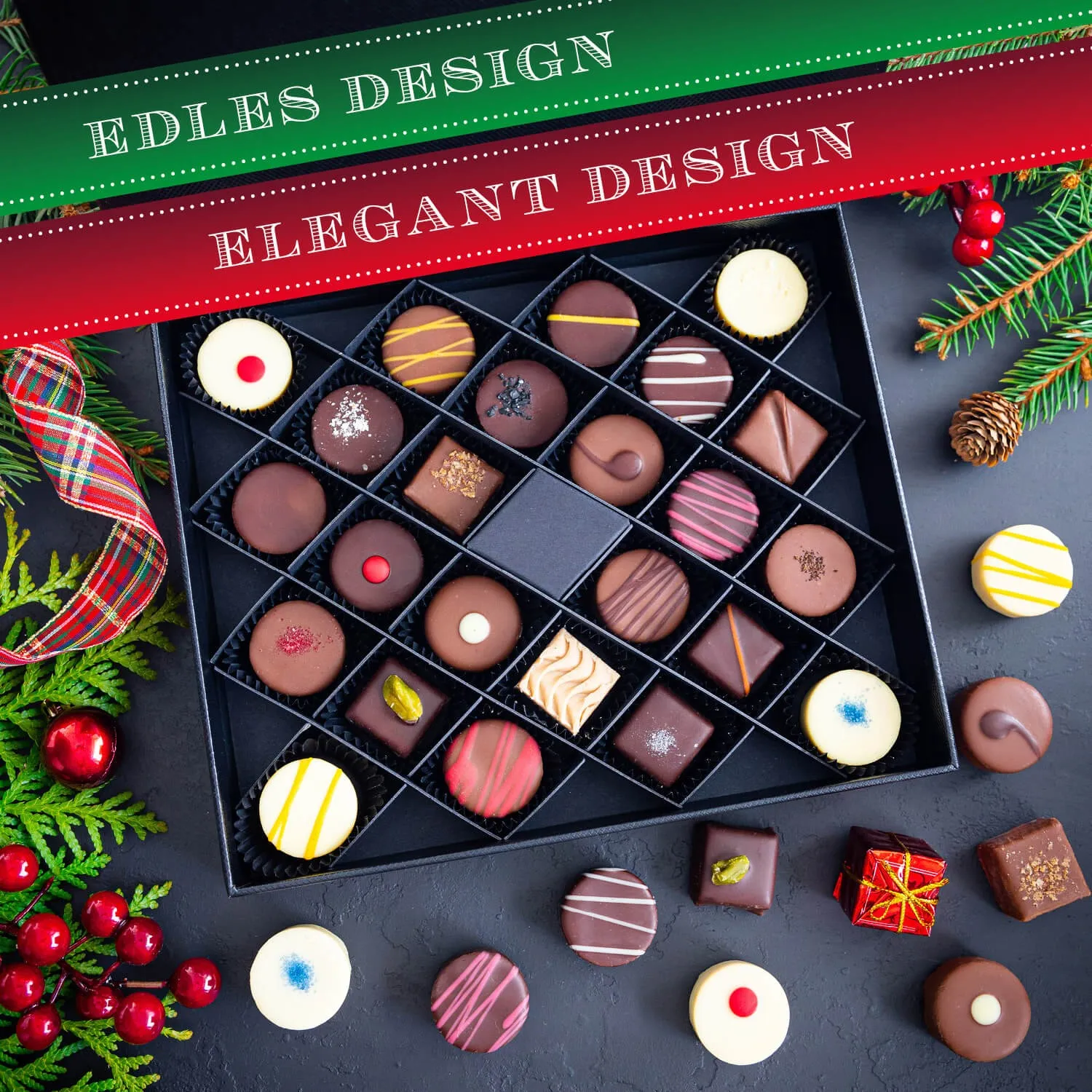 HANDWERK STATT MASSENWARE - Edition \Frohe Weihnachten\: Vergiss billig produzierte Standard-Pralinen mit schöner Verpackung - entscheidend ist nicht nur der erste Eindruck, sondern der Geschmack, der noch lange in Erinnerung bleibt