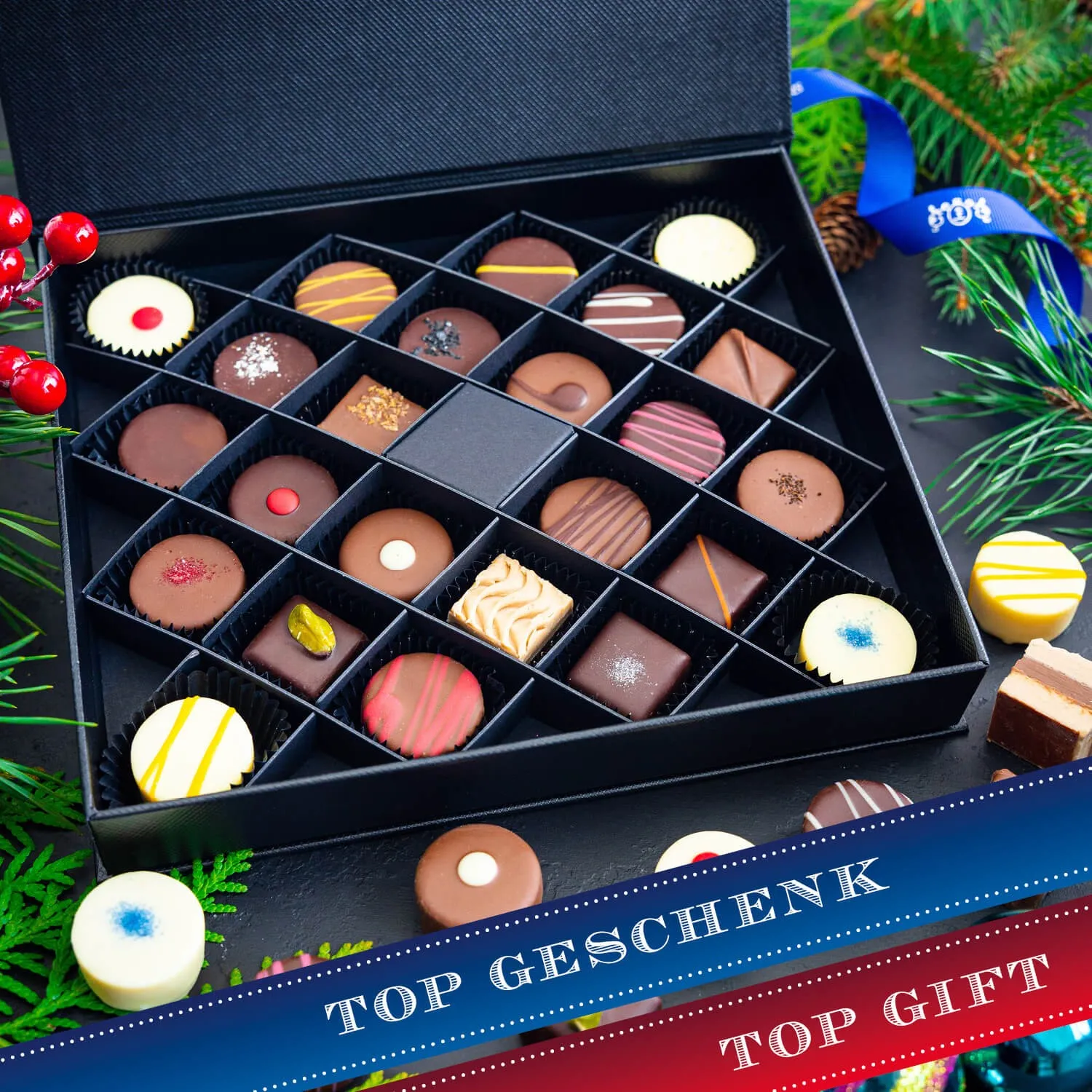 HANDWERK STATT MASSENWARE - Edition \Merry Christmas & A Happy New ...\: Vergiss billig produzierte Standard-Pralinen mit schöner Verpackung - entscheidend ist nicht nur der erste Eindruck, sondern der Geschmack, der noch lange in Erinnerung bleibt