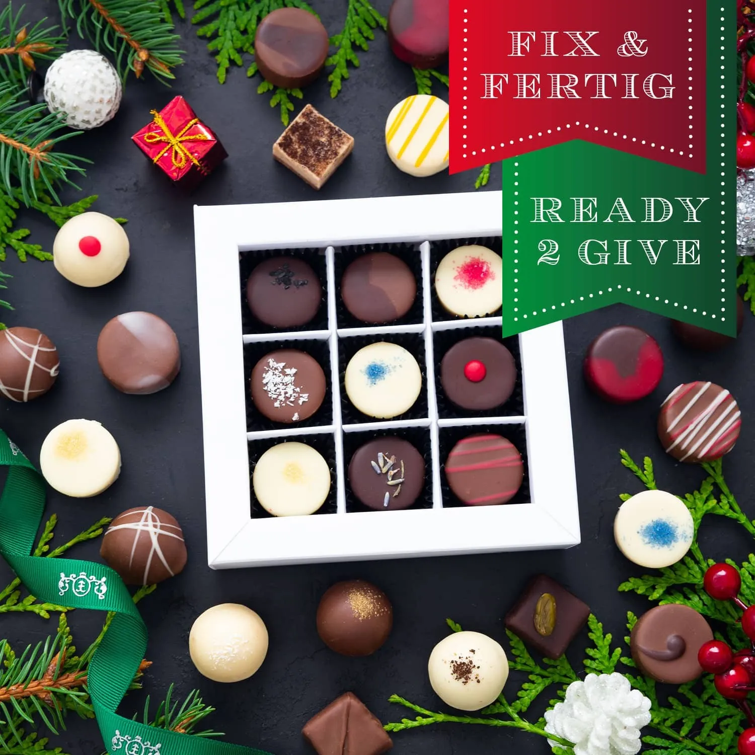 HANDWERK STATT MASSENWARE - Edition \Schöne Weihnachten Green\: Vergiss billig produzierte Standard-Pralinen mit schöner Verpackung - entscheidend ist nicht nur der erste Eindruck, sondern der Geschmack, der noch lange in Erinnerung bleibt