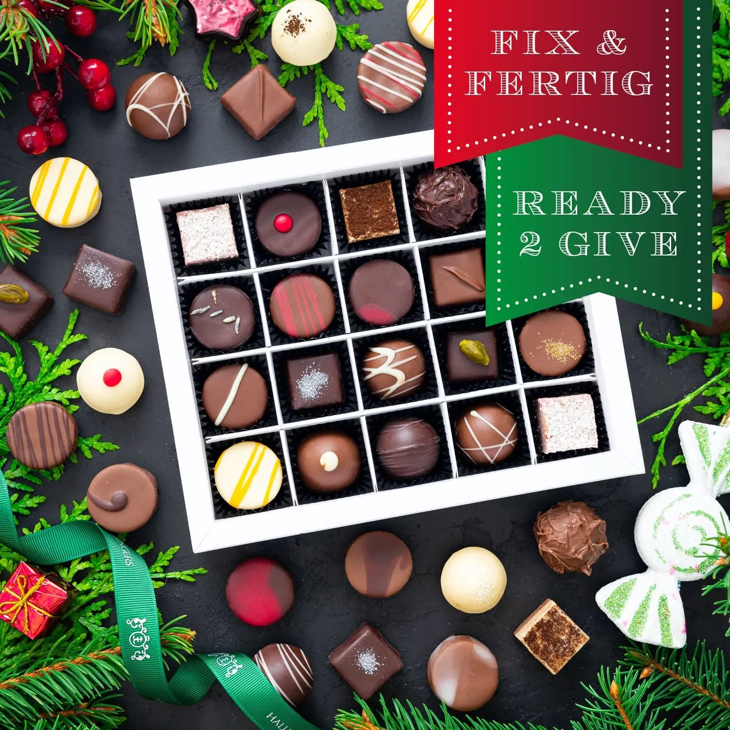 HANDWERK STATT MASSENWARE - Edition \Schöne Weihnachten Green\: Vergiss billig produzierte Standard-Pralinen mit schöner Verpackung - entscheidend ist nicht nur der erste Eindruck, sondern der Geschmack, der noch lange in Erinnerung bleibt