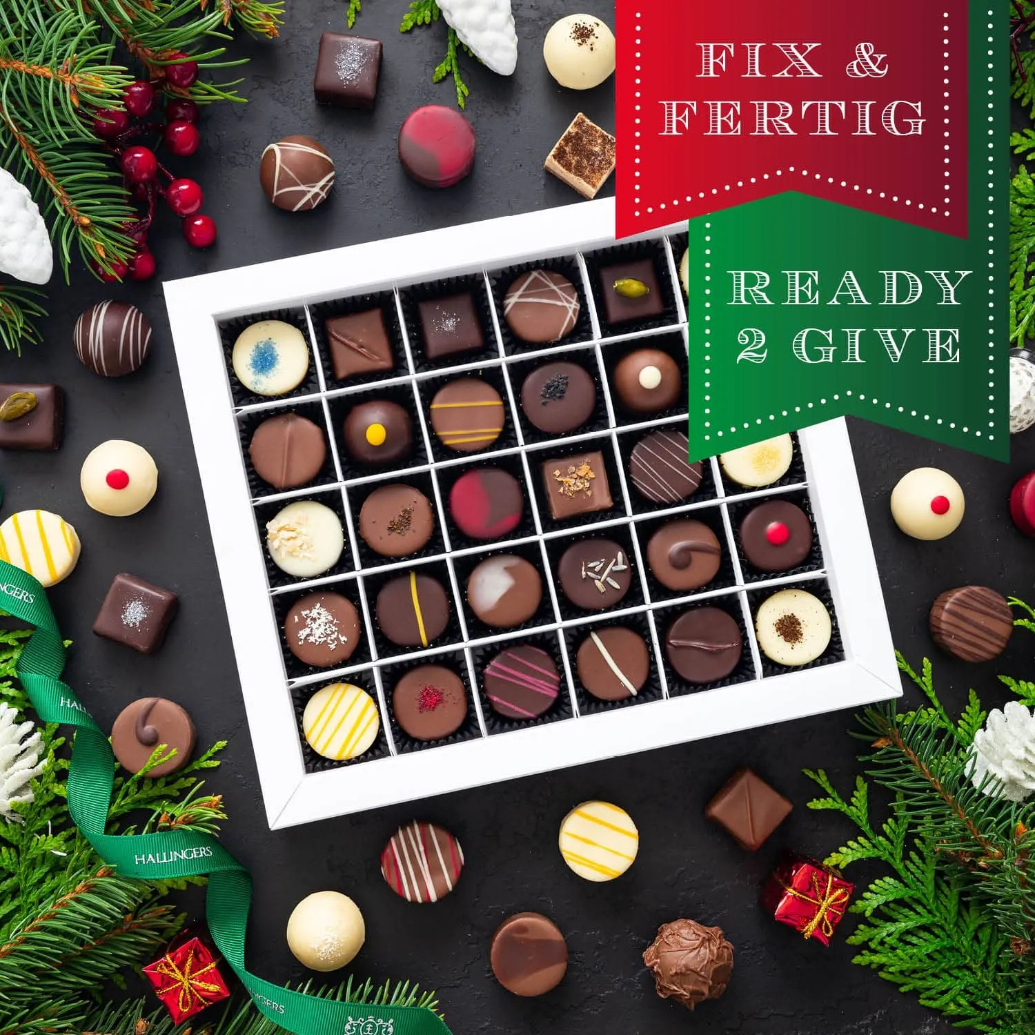 HANDWERK STATT MASSENWARE - Edition \Schöne Weihnachten Green\: Vergiss billig produzierte Standard-Pralinen mit schöner Verpackung - entscheidend ist nicht nur der erste Eindruck, sondern der Geschmack, der noch lange in Erinnerung bleibt