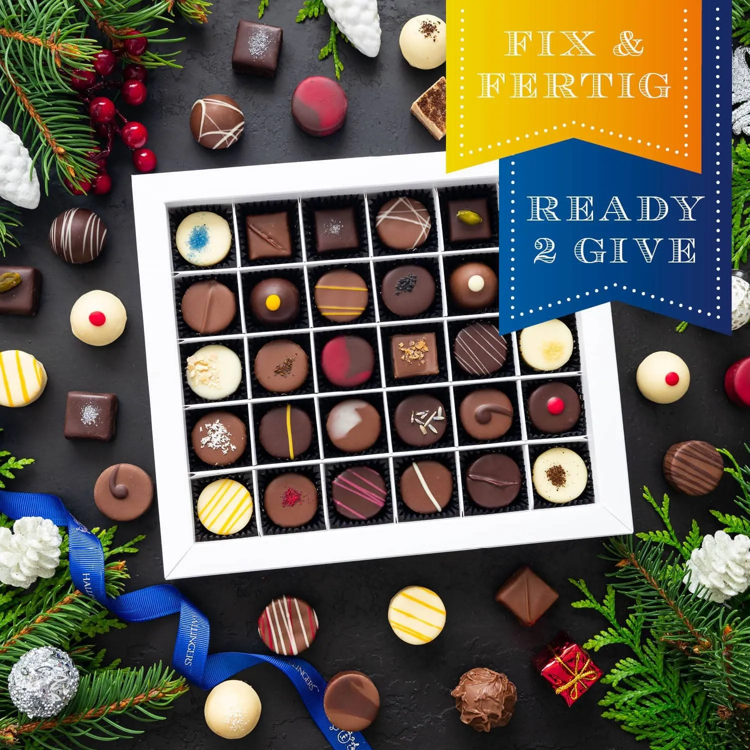 HANDWERK STATT MASSENWARE - Edition \Fröhliche Weihnachten\: Vergiss billig produzierte Standard-Pralinen mit schöner Verpackung - entscheidend ist nicht nur der erste Eindruck, sondern der Geschmack, der noch lange in Erinnerung bleibt