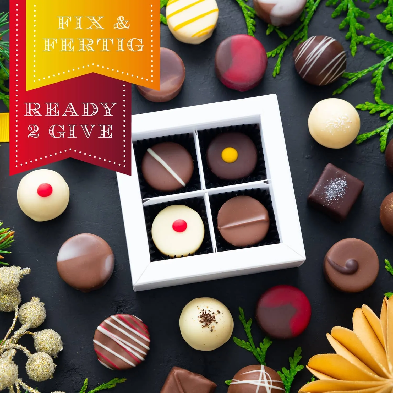 HANDWERK STATT MASSENWARE - Edition \Weihnachtsgruß\: Vergiss billig produzierte Standard-Pralinen mit schöner Verpackung - entscheidend ist nicht nur der erste Eindruck, sondern der Geschmack, der noch lange in Erinnerung bleibt