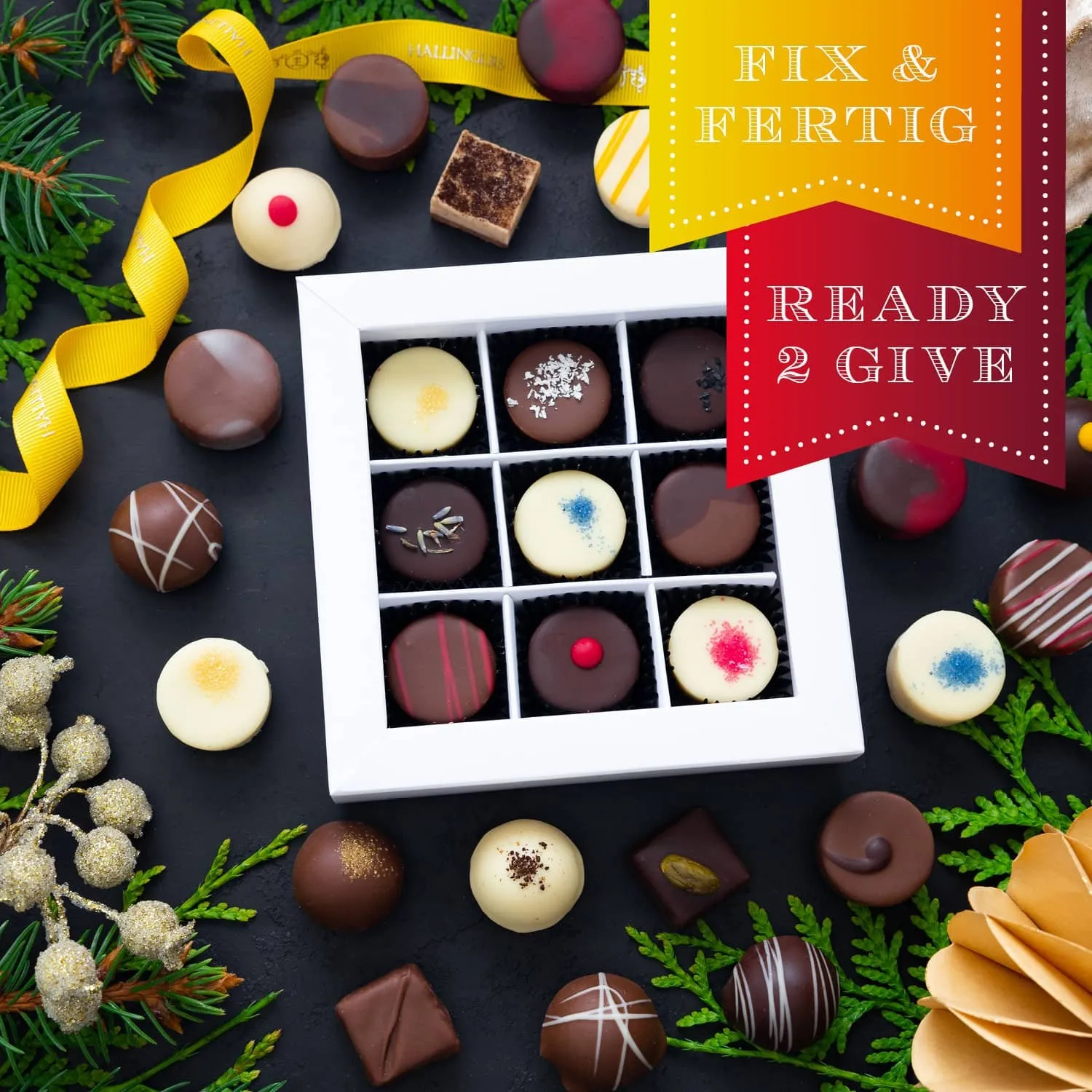 HANDWERK STATT MASSENWARE - Edition \Weihnachtsgruß\: Vergiss billig produzierte Standard-Pralinen mit schöner Verpackung - entscheidend ist nicht nur der erste Eindruck, sondern der Geschmack, der noch lange in Erinnerung bleibt