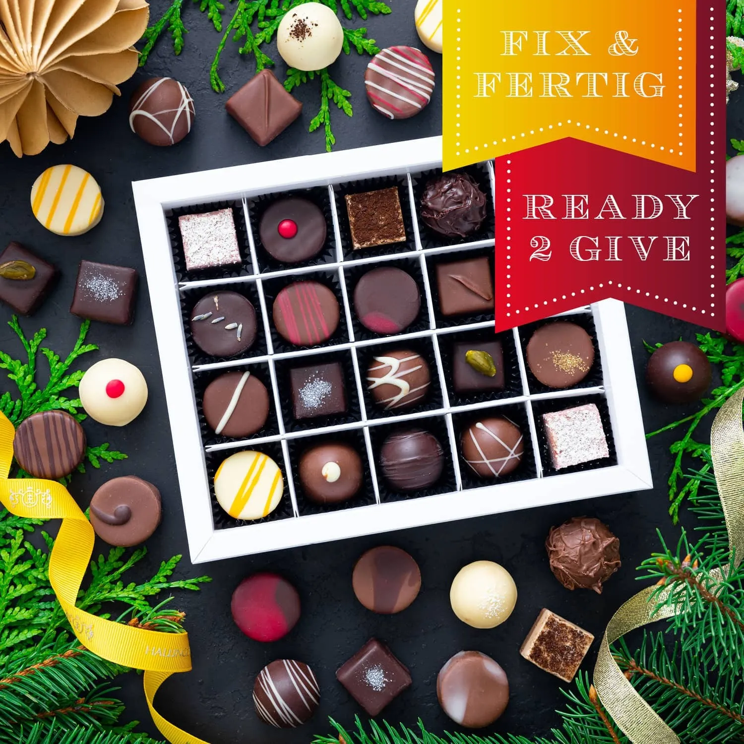 HANDWERK STATT MASSENWARE - Edition \Weihnachtsgruß\: Vergiss billig produzierte Standard-Pralinen mit schöner Verpackung - entscheidend ist nicht nur der erste Eindruck, sondern der Geschmack, der noch lange in Erinnerung bleibt