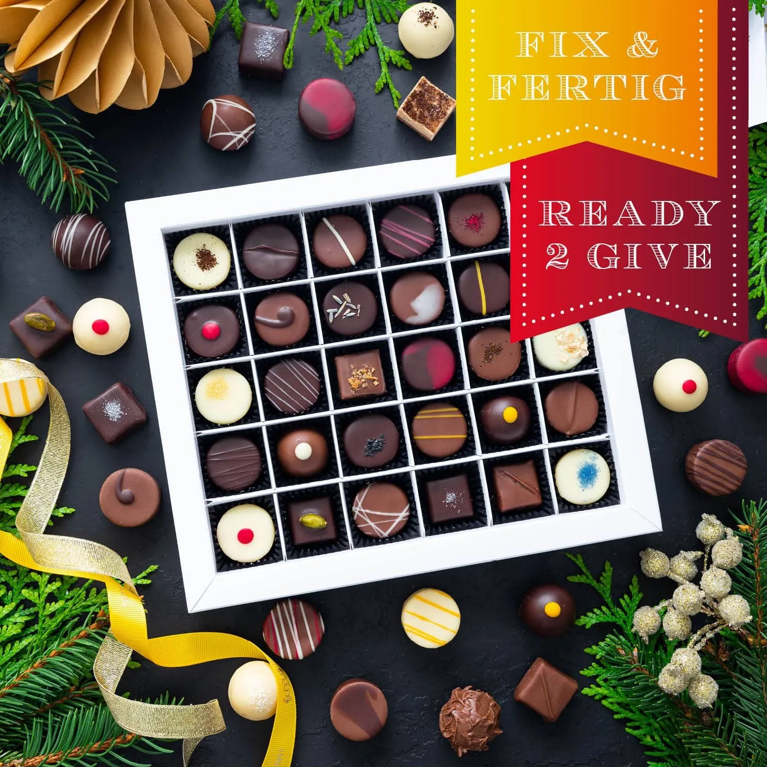 HANDWERK STATT MASSENWARE - Edition \Weihnachtsgruß\: Vergiss billig produzierte Standard-Pralinen mit schöner Verpackung - entscheidend ist nicht nur der erste Eindruck, sondern der Geschmack, der noch lange in Erinnerung bleibt