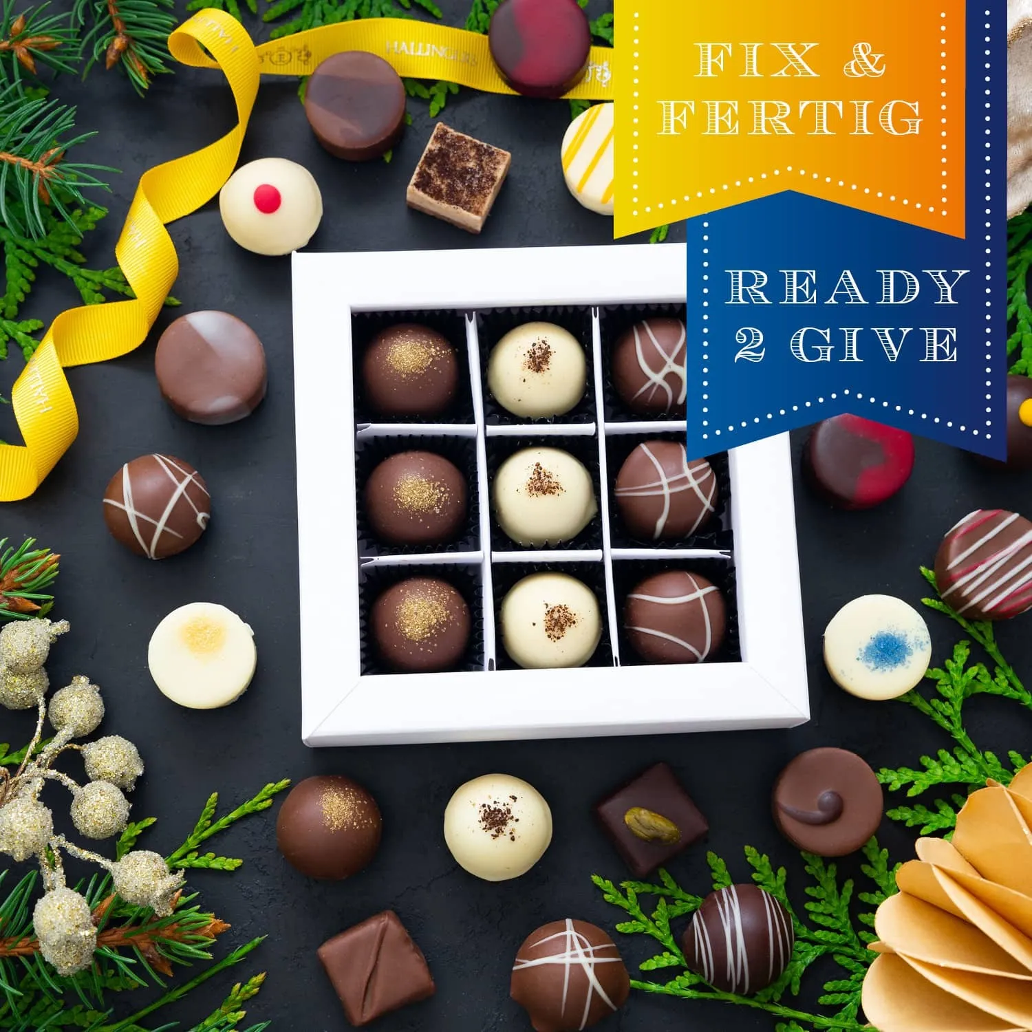HANDWERK STATT MASSENWARE - Edition \Fröhliche Weihnachten\: Vergiss billig produzierte Standard-Pralinen mit schöner Verpackung - entscheidend ist nicht nur der erste Eindruck, sondern der Geschmack, der noch lange in Erinnerung bleibt