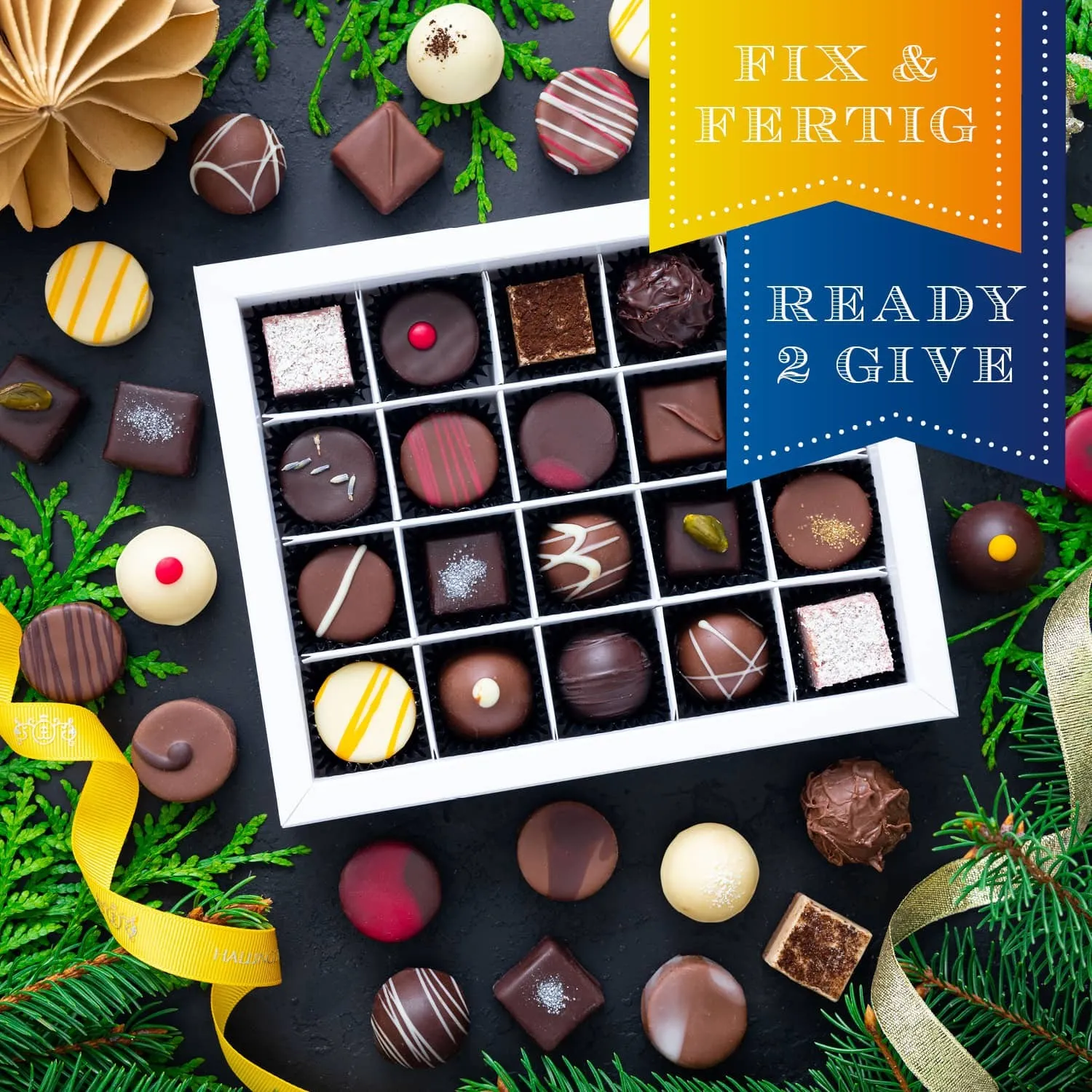 HANDWERK STATT MASSENWARE - Edition \Fröhliche Weihnachten\: Vergiss billig produzierte Standard-Pralinen mit schöner Verpackung - entscheidend ist nicht nur der erste Eindruck, sondern der Geschmack, der noch lange in Erinnerung bleibt