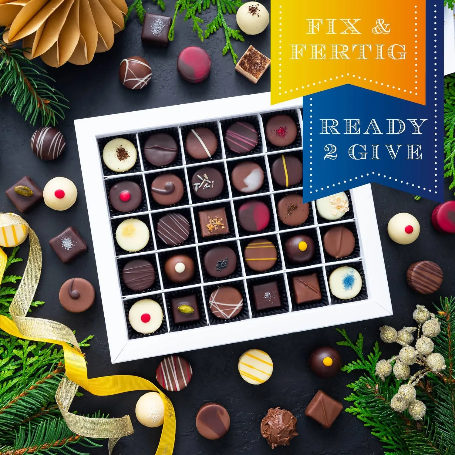 HANDWERK STATT MASSENWARE - Edition \Fröhliche Weihnachten\: Vergiss billig produzierte Standard-Pralinen mit schöner Verpackung - entscheidend ist nicht nur der erste Eindruck, sondern der Geschmack, der noch lange in Erinnerung bleibt