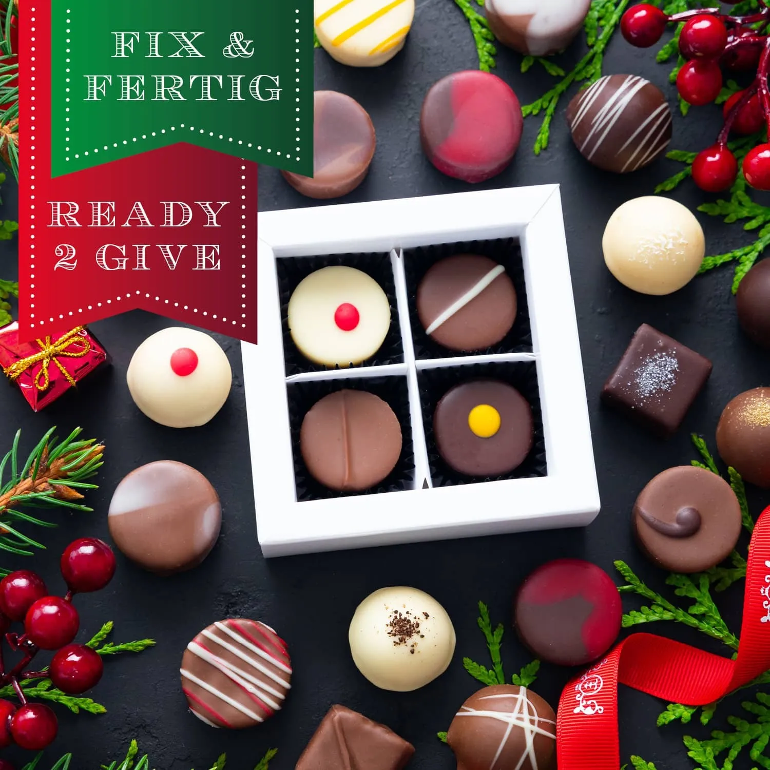 HANDWERK STATT MASSENWARE - Edition \Danke & Frohe Weihnachten\: Vergiss billig produzierte Standard-Pralinen mit schöner Verpackung - entscheidend ist nicht nur der erste Eindruck, sondern der Geschmack, der noch lange in Erinnerung bleibt