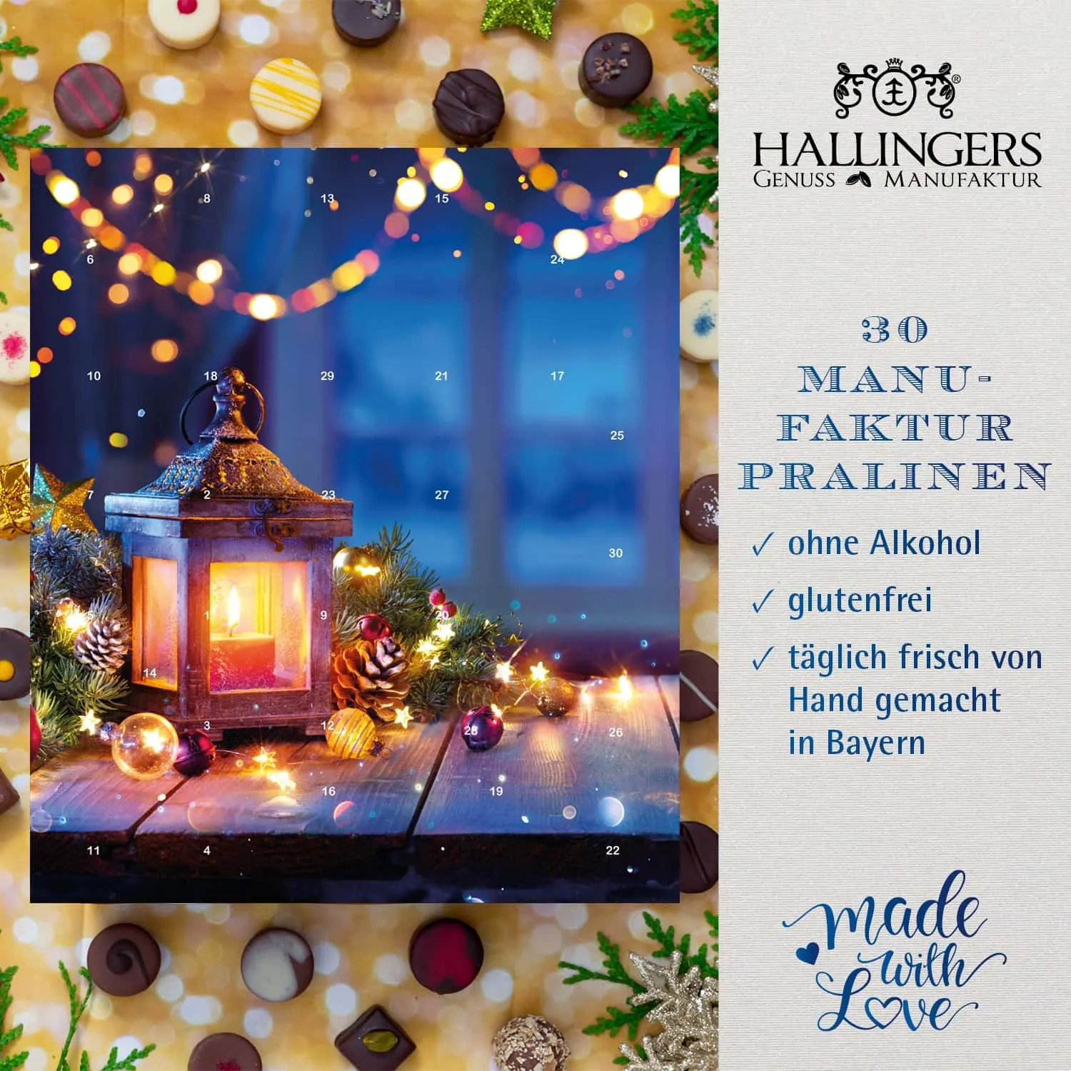 30 PRALINEN ADVENTSKALENDER OHNE ALKOHOL - Edle handgemachte Pralinen feinsten Confiserie-Edelkakaos, stilvoll verpackt im hochwertigen XL-Softfeel-Karton. Die besondere Geschenkidee für 30 genussvolle Momente in der Adventszeit