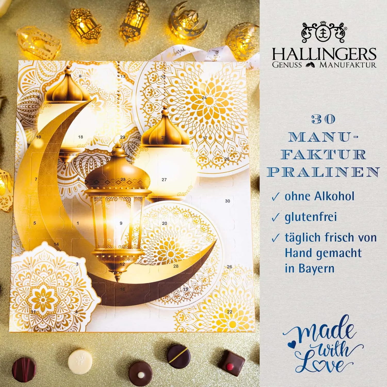 HALAL PRALINEN RAMADANKALENDER OHNE ALKOHOL - Handgemachte Pralinen aus feinstem Edelkakao, stilvoll verpackt im hochwertigen Softfeel-Karton. Die besondere Geschenkidee zum Ramadan mit 30 Türchen für genussvolle Momente