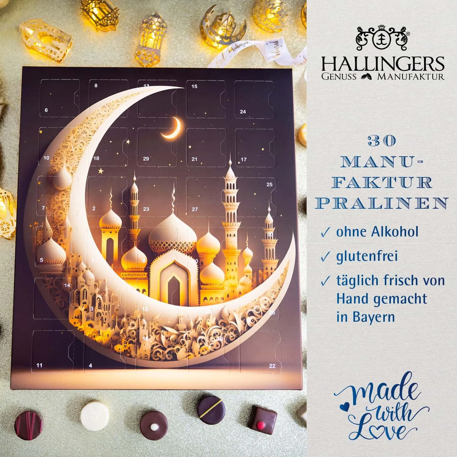 HALAL PRALINEN RAMADANKALENDER OHNE ALKOHOL - Handgemachte Pralinen aus feinstem Edelkakao, stilvoll verpackt im hochwertigen Softfeel-Karton. Die besondere Geschenkidee zum Ramadan mit 30 Türchen für genussvolle Momente