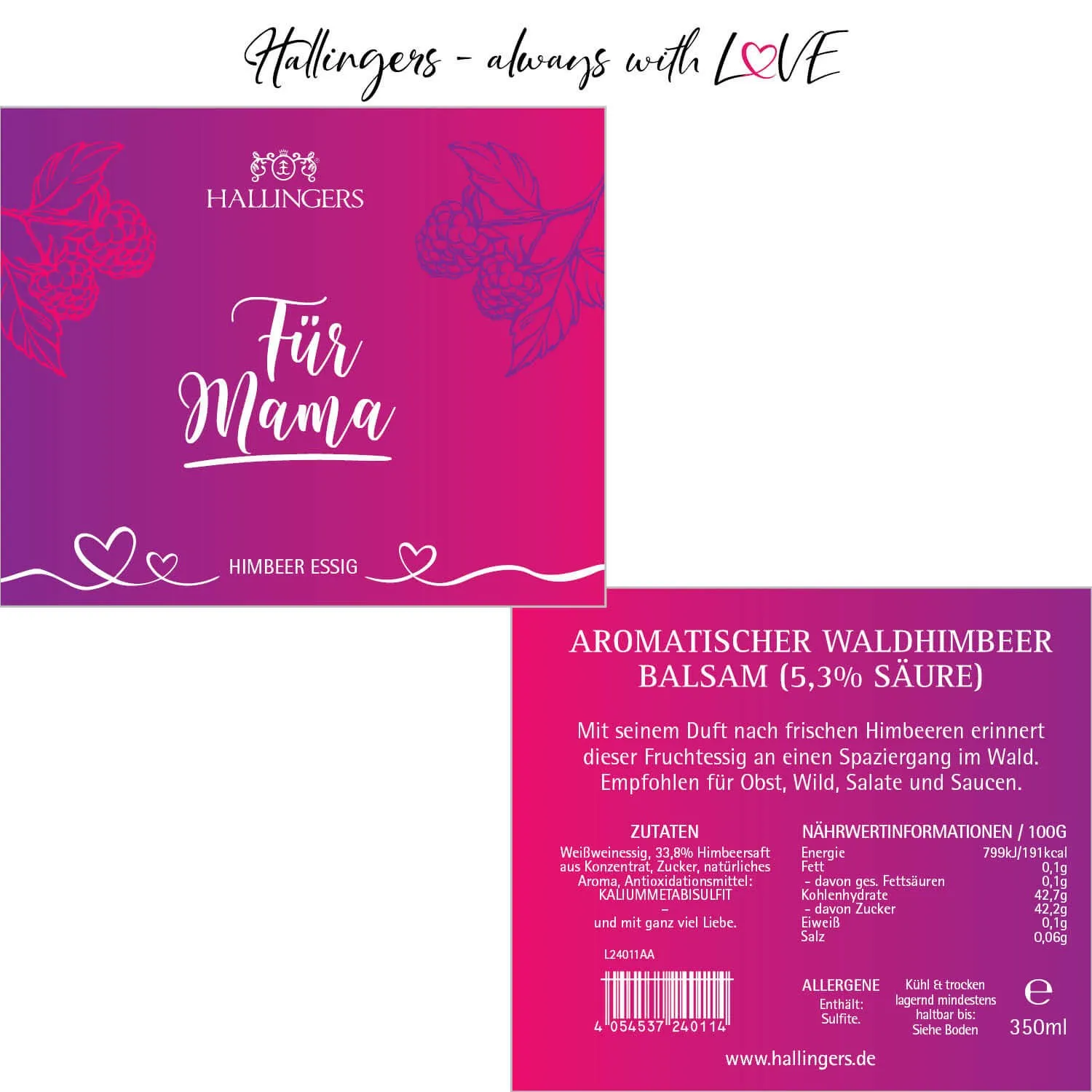 Für Mama (5,3% SäureWald-Himbeer-Balsam) - Gourmet-Essig, in Geschenk-Flasche