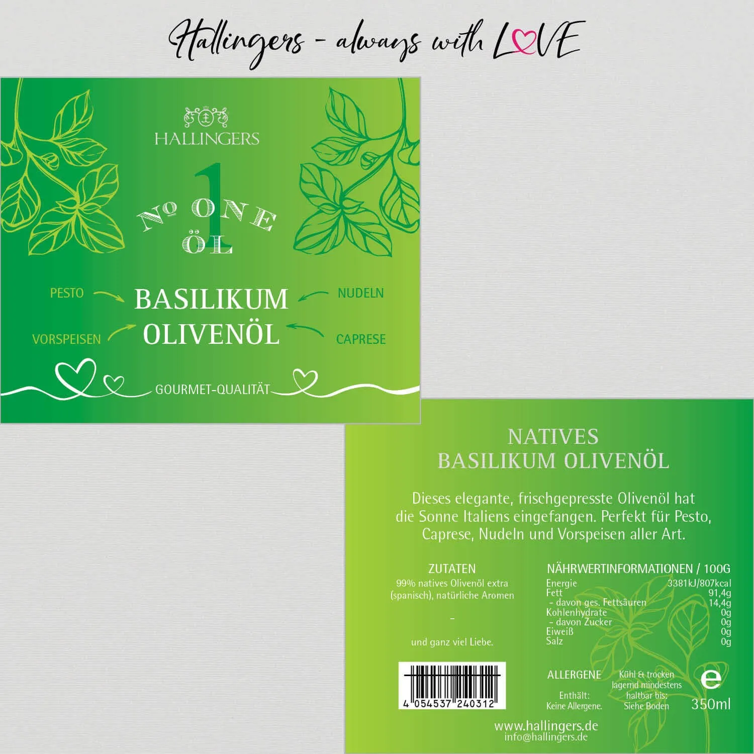 No. 1 (Natives Olivenöl Basilikum) - Premium-Öl, in Geschenk-Flasche