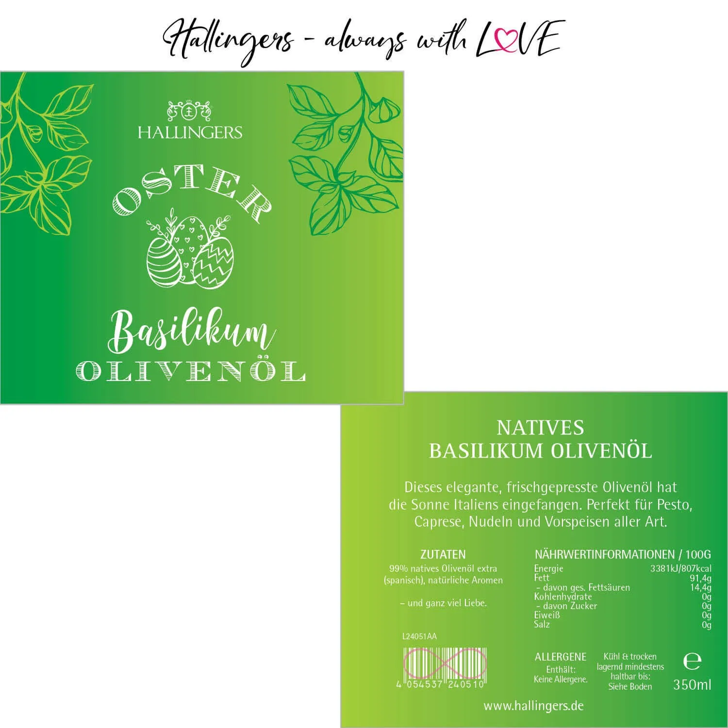Oster-Öl (Natives Olivenöl Basilikum) - Premium-Öl, in Geschenk-Flasche