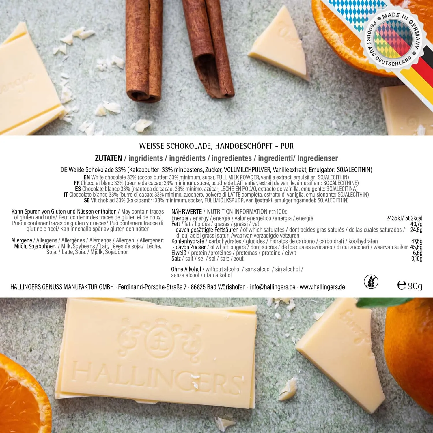 Weiße Tafel Weiß Pur (Pur) - Weiße Schokolade, handmade ohne Alkohol