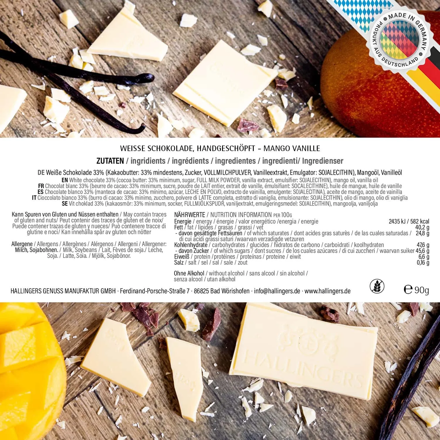 Weiße Tafel Mango-Vanille (Mango-Vanille) - Weiße Schokolade, handmade ohne Alkohol