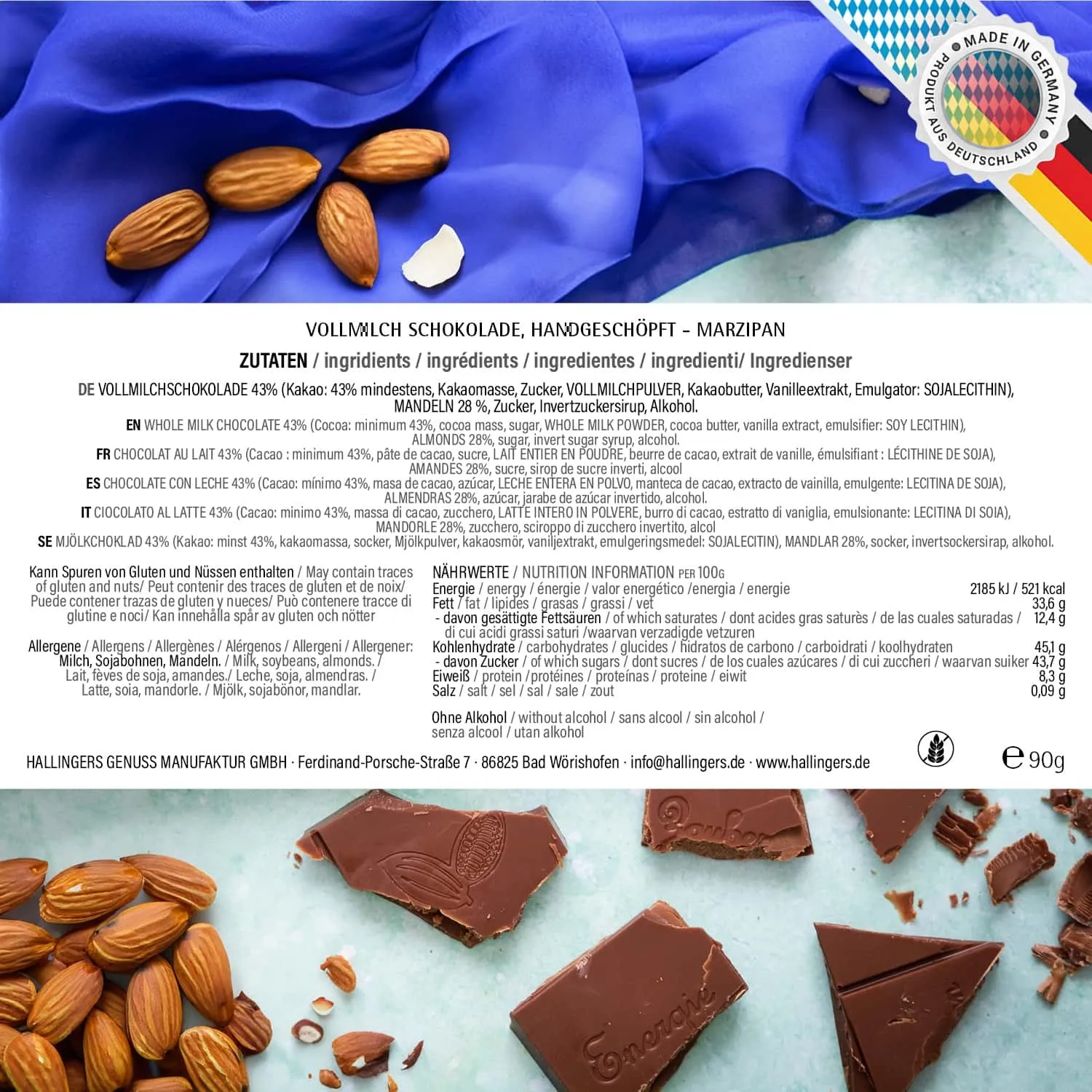 Vollmilch-Tafel Marzipan (Marzipan) - Schokolade, handmade ohne Alkohol
