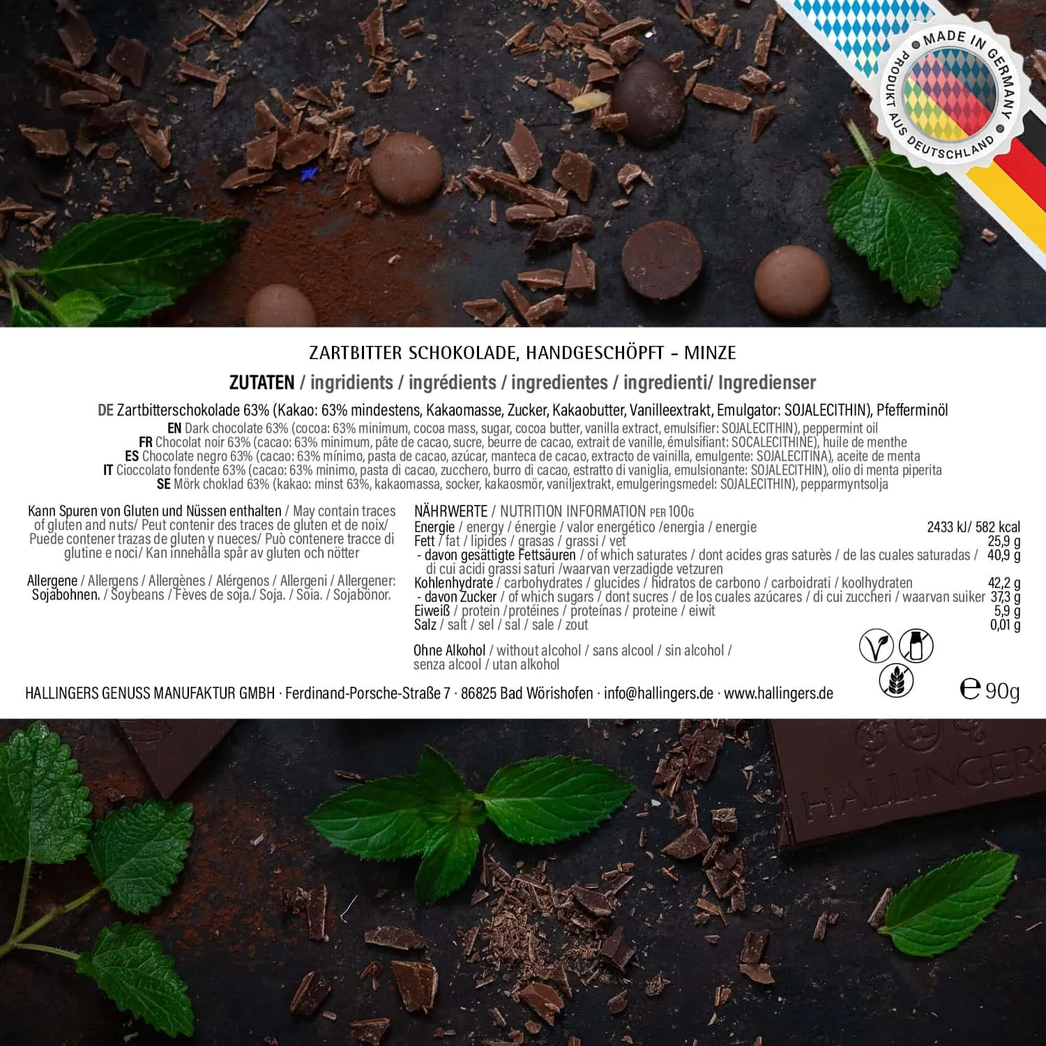 Zartbitter-Tafel Minze (Minze) - Vegane Schokolade, handmade ohne Alkohol