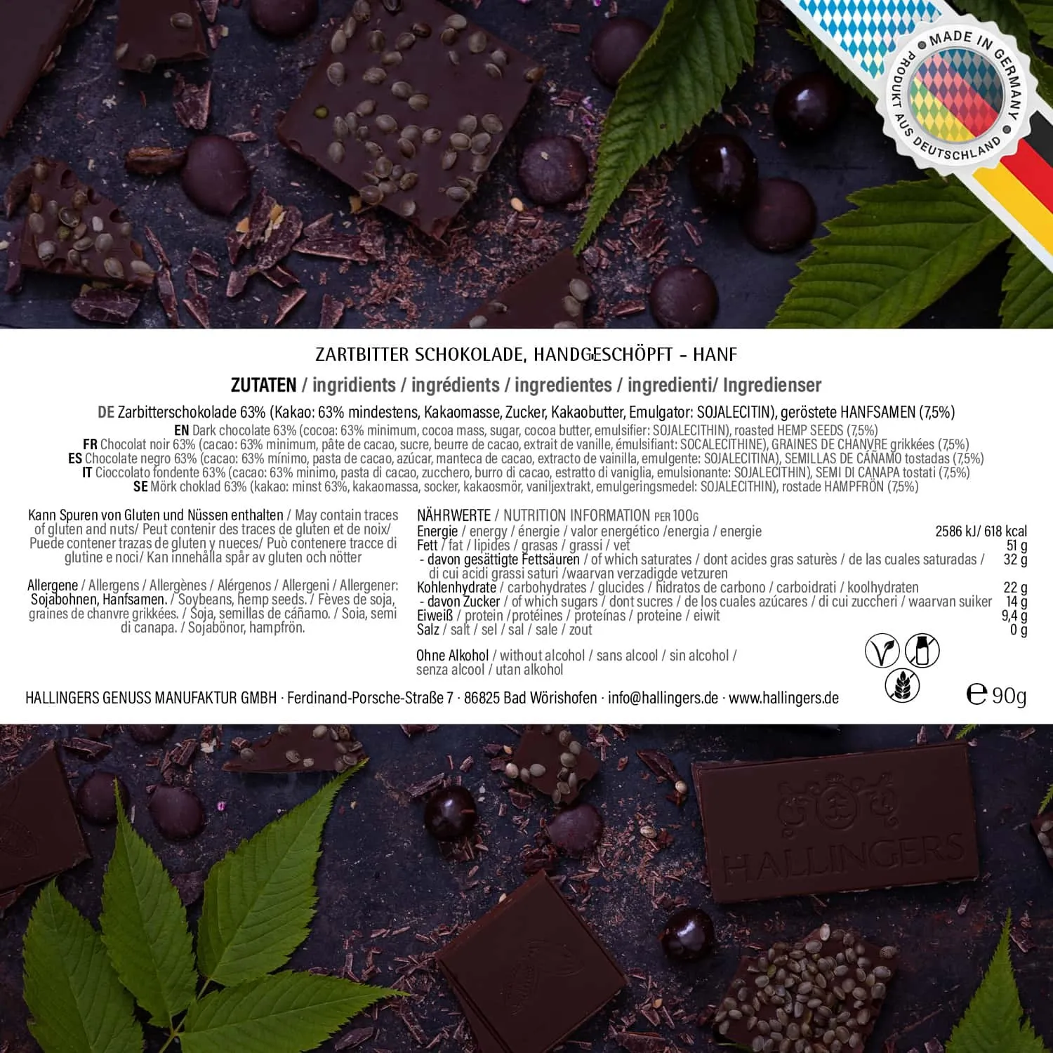 Zartbitter-Tafel Hanf Zartbitter (Hanf) - Vegane Schokolade, handmade ohne Alkohol