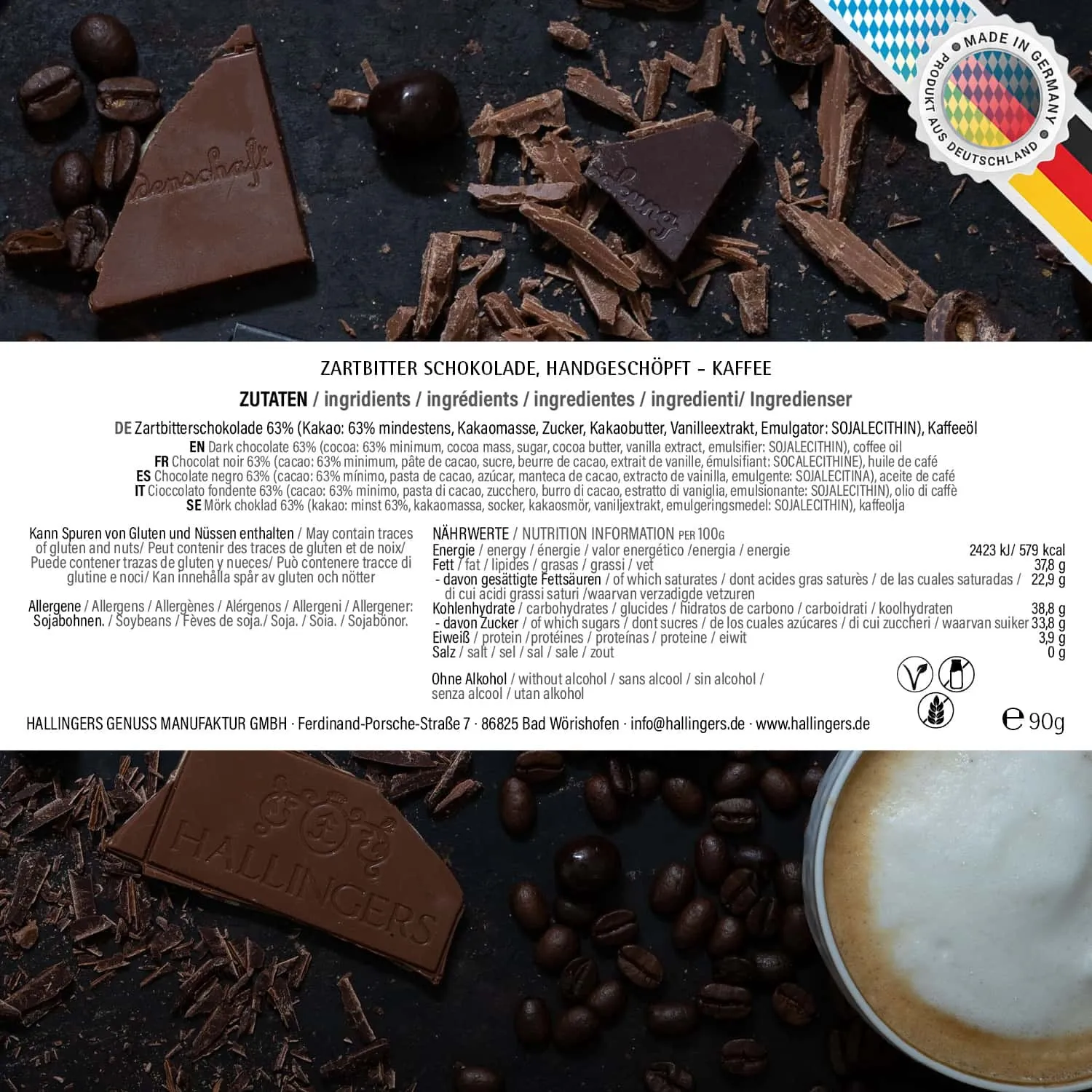 Zartbitter-Tafel Kaffee (Kaffee) - Vegane Schokolade, handmade ohne Alkohol
