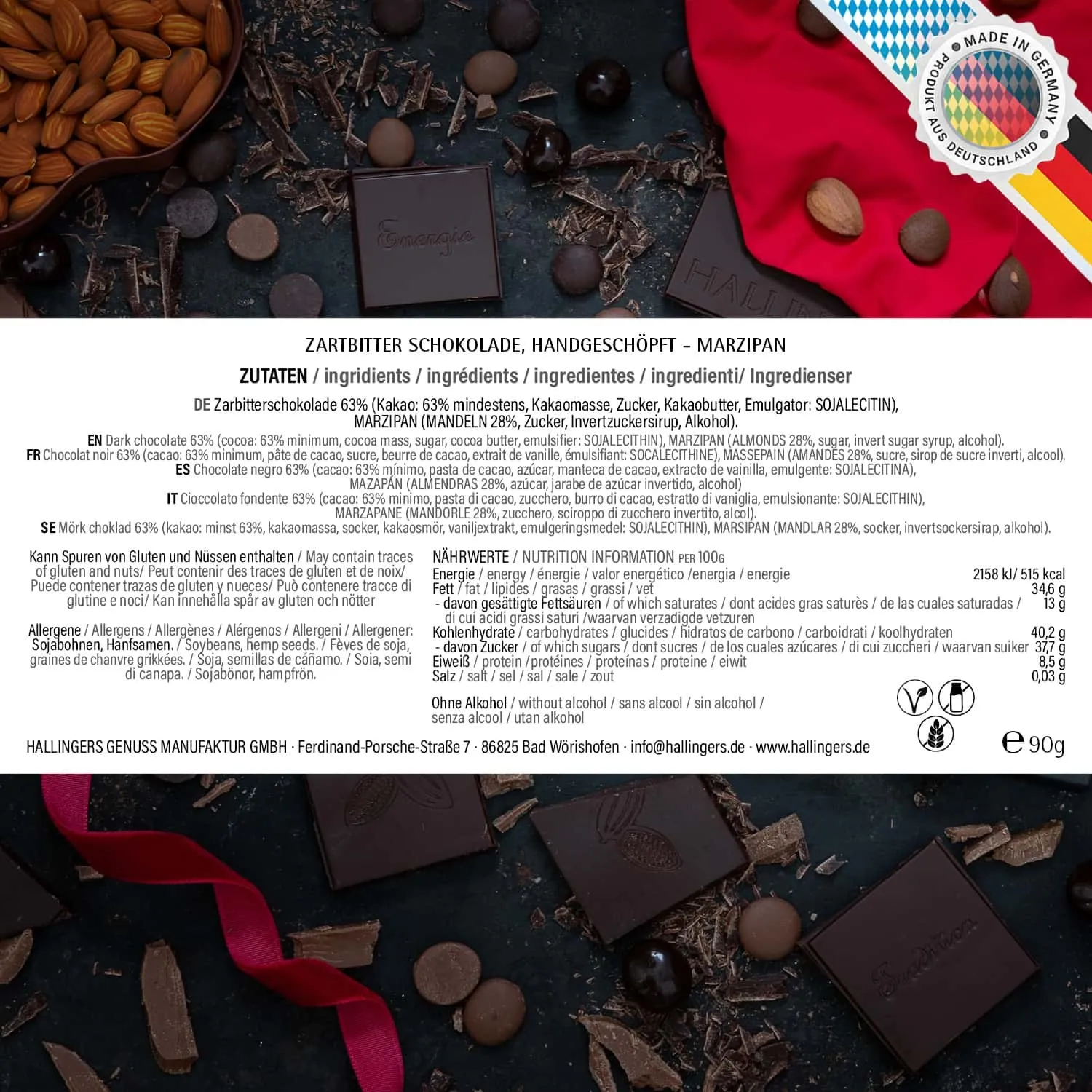 Zartbitter-Tafel Marzipan (Marzipan) - Vegane Schokolade, handmade ohne Alkohol