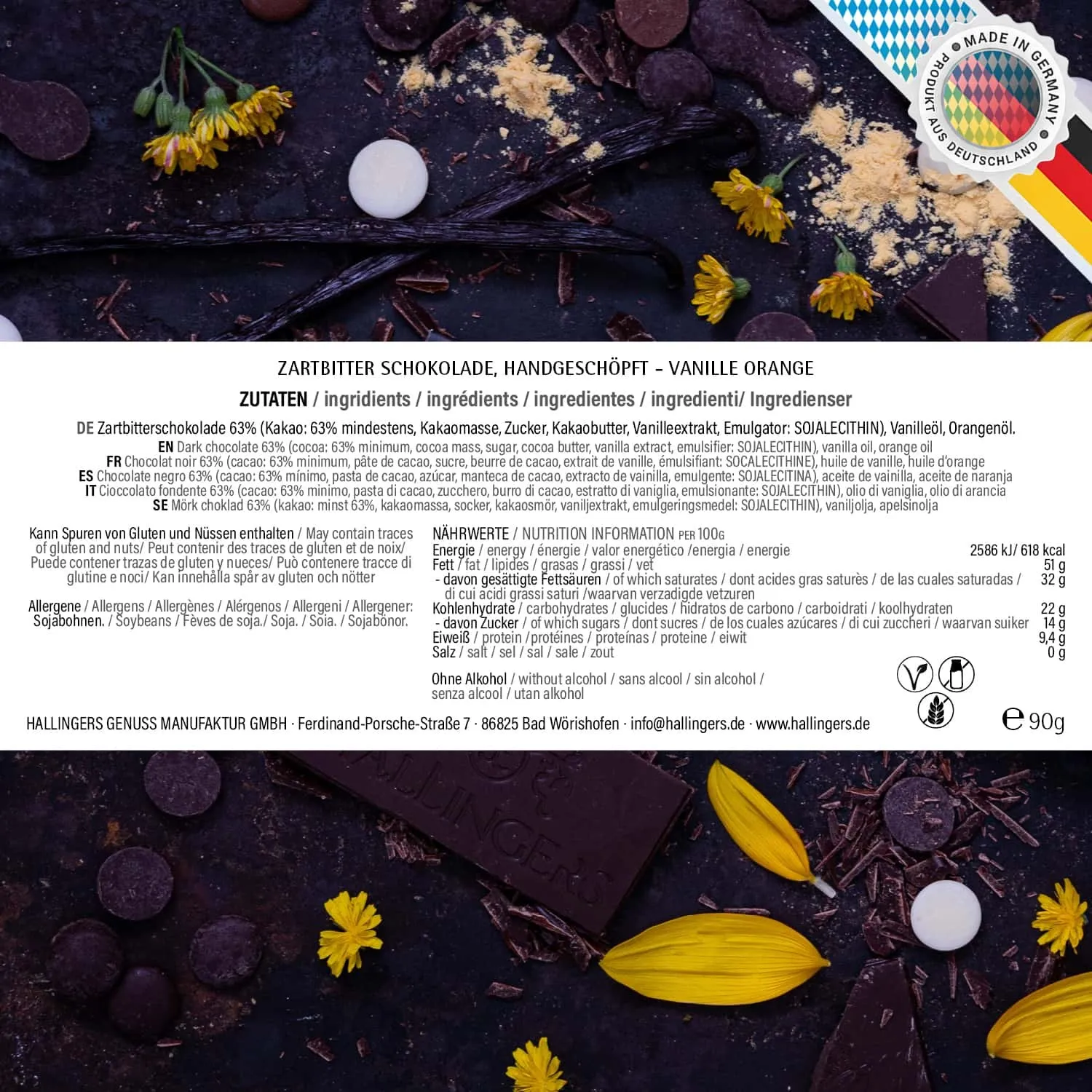 Zartbitter-Tafel Zeit zum Feiern (Vanille-Orange) - Vegane Schokolade, handmade ohne Alkohol
