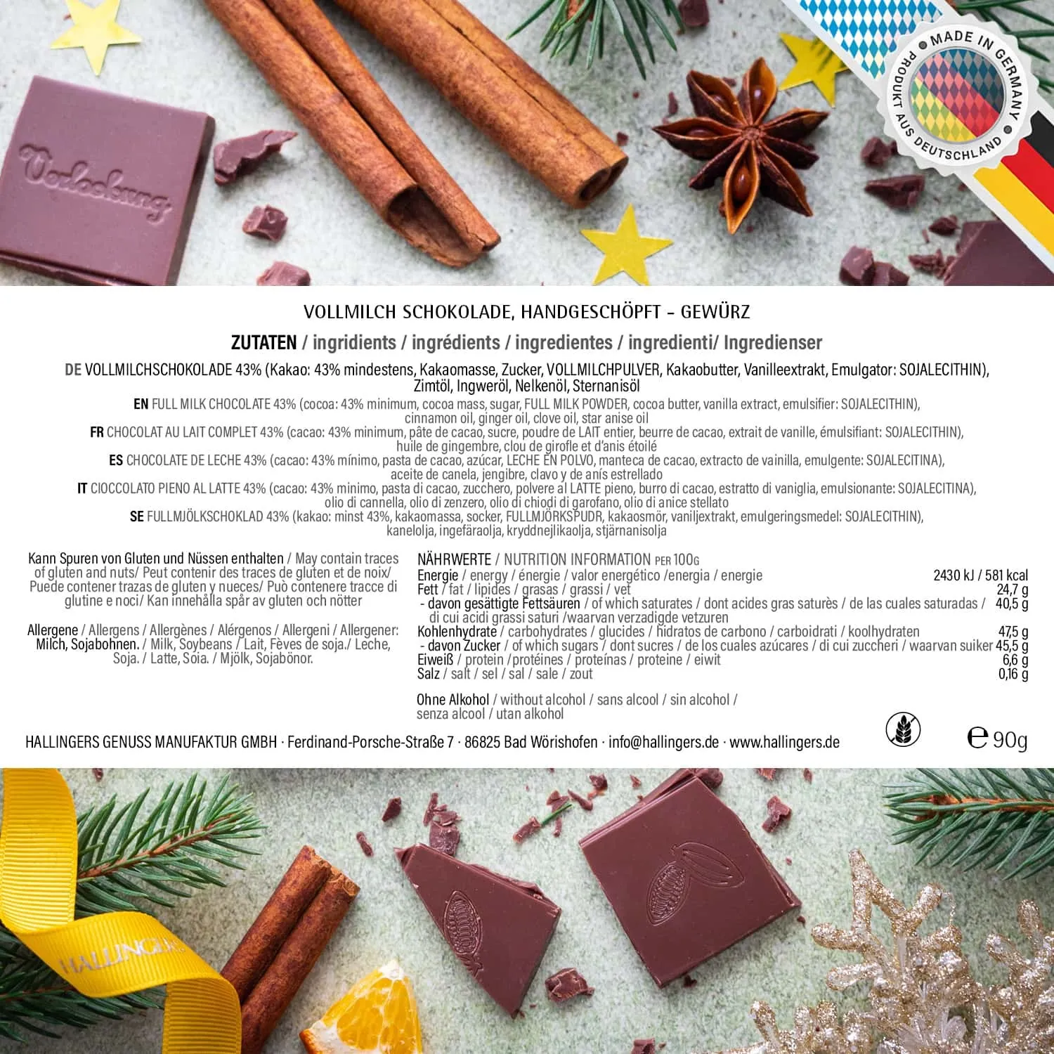 Vollmilch-Tafel Himmlische Weihnachten (Xmas-Gewürze) - Schokolade, handmade ohne Alkohol