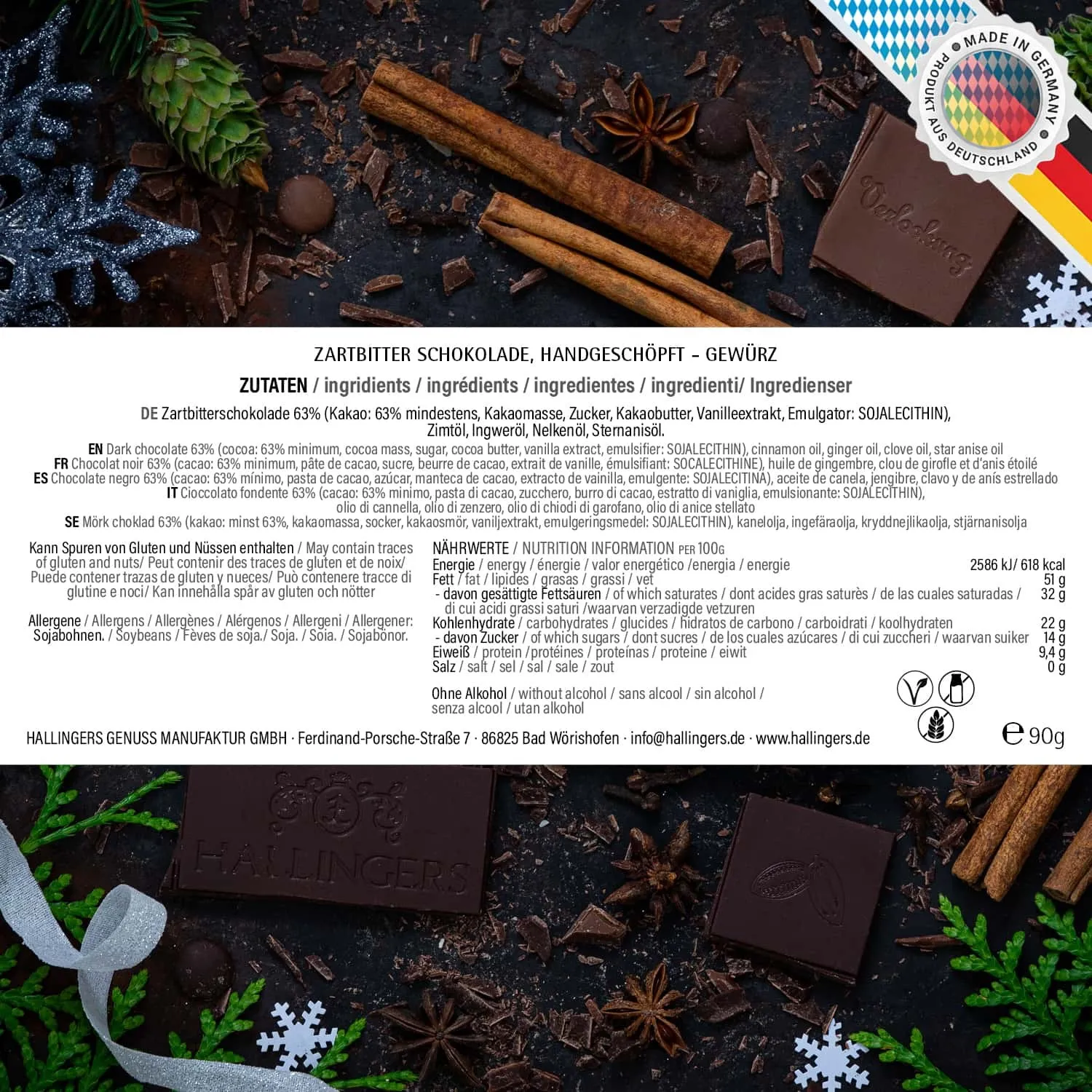 10x Zartbitter-Tafel Warme Wintergrüße X Mas (Xms-Gewürz) - Vegane Schokolade, handmade ohne Alkohol