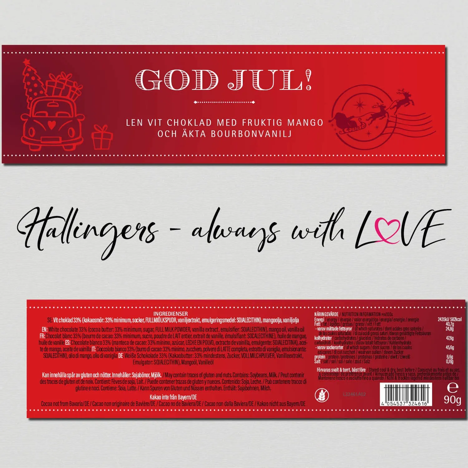 Weiße Tafel God Jul, red (Mango-Vanille) - Weiße Schokolade, handmade ohne Alkohol