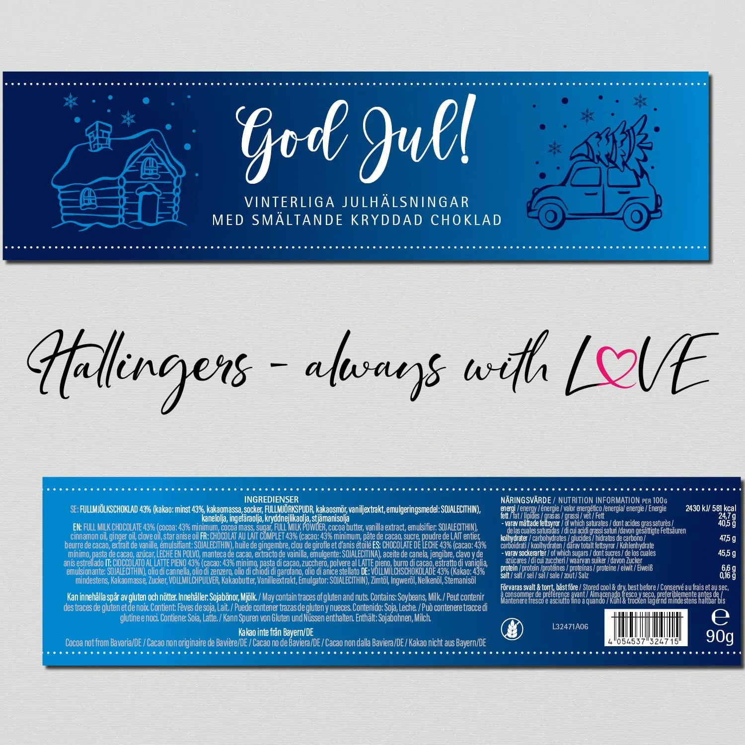 Vollmilch-Tafel God Jul, blue (Xmas-Gewürze) - Schokolade, handmade ohne Alkohol