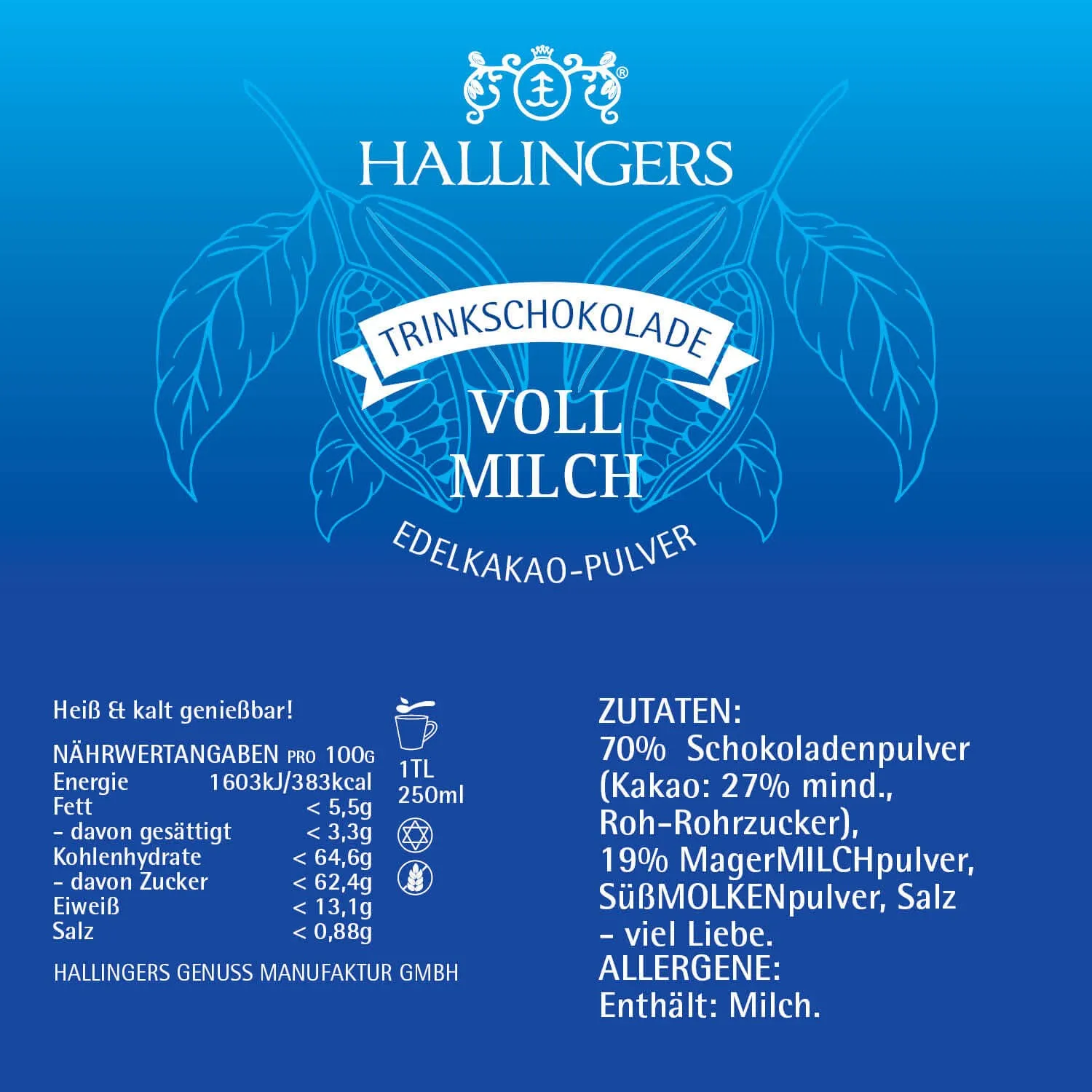 Vollmilch (Edelvollmilch) - Trinkschokolade, Edelkakao ohne Alkohol