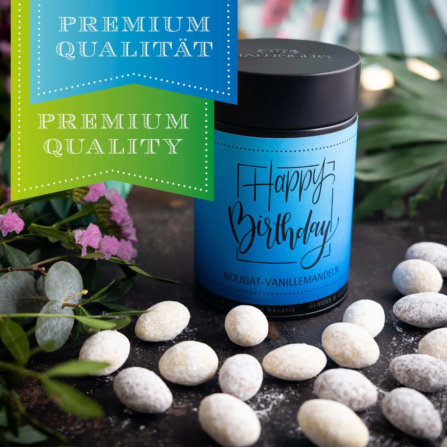 HANDWERK STATT MASSENWARE - Edition \Happy Birthday\: Während andere auf günstige Rezepturen und industrielle Fertigung setzen, überzeugen unsere Nougat-Mandeln durch Tiefe, Finesse und ein Geschmackserlebnis mit Suchtpotenzial